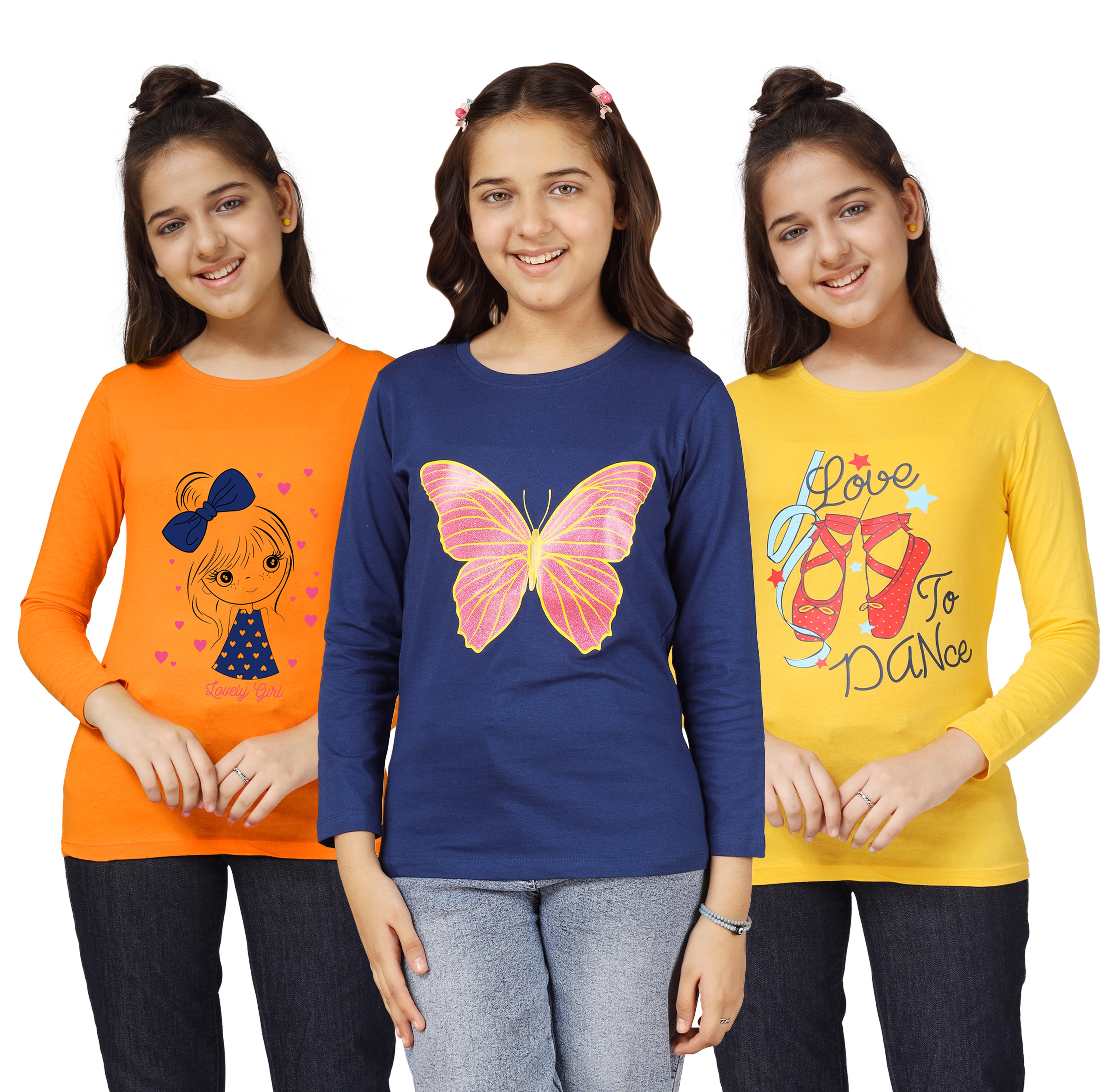 Girls Bio Washed Full Sleeve Black T-Shirt (Pack of 3)
