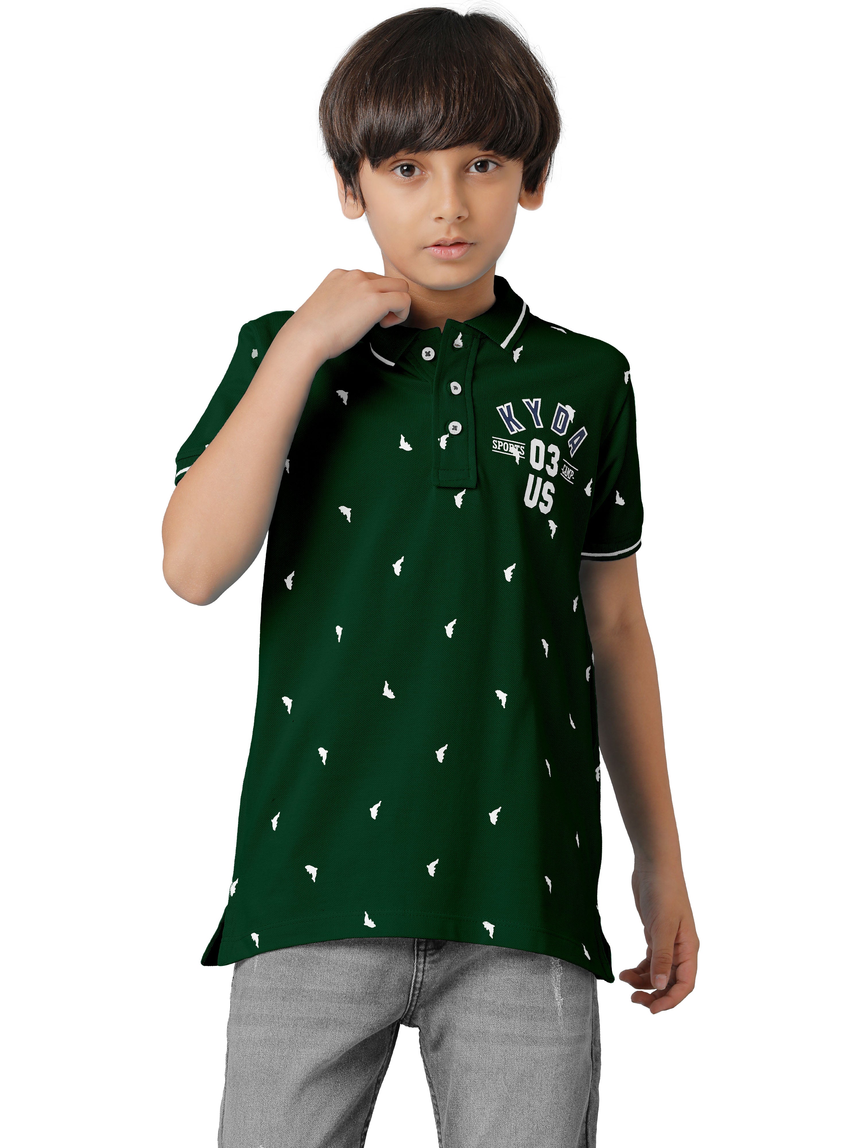 Boys Cotton Printed Regular Fit Polo Green T-Shirts