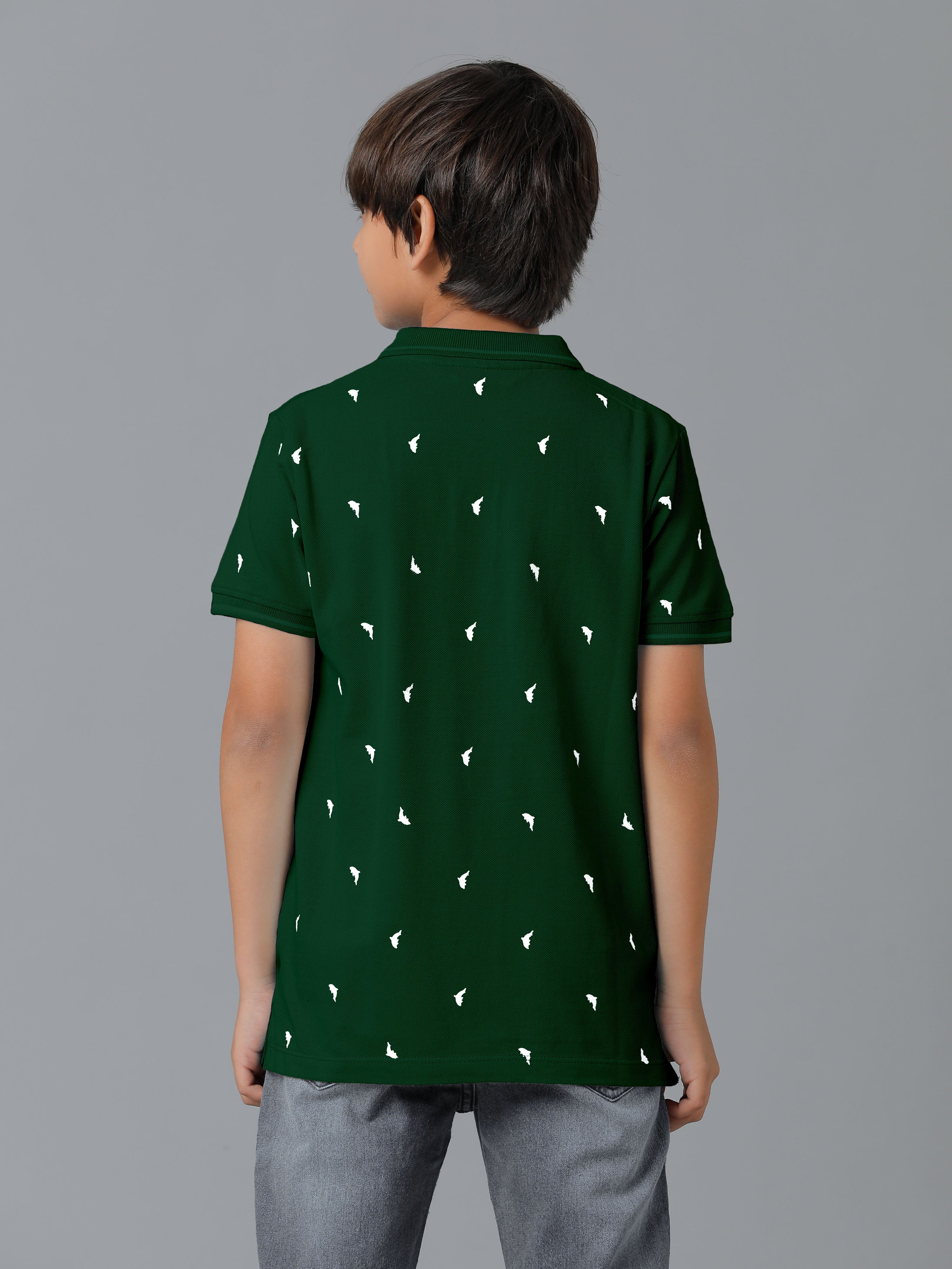 Boys Cotton Printed Regular Fit Polo Green T-Shirts