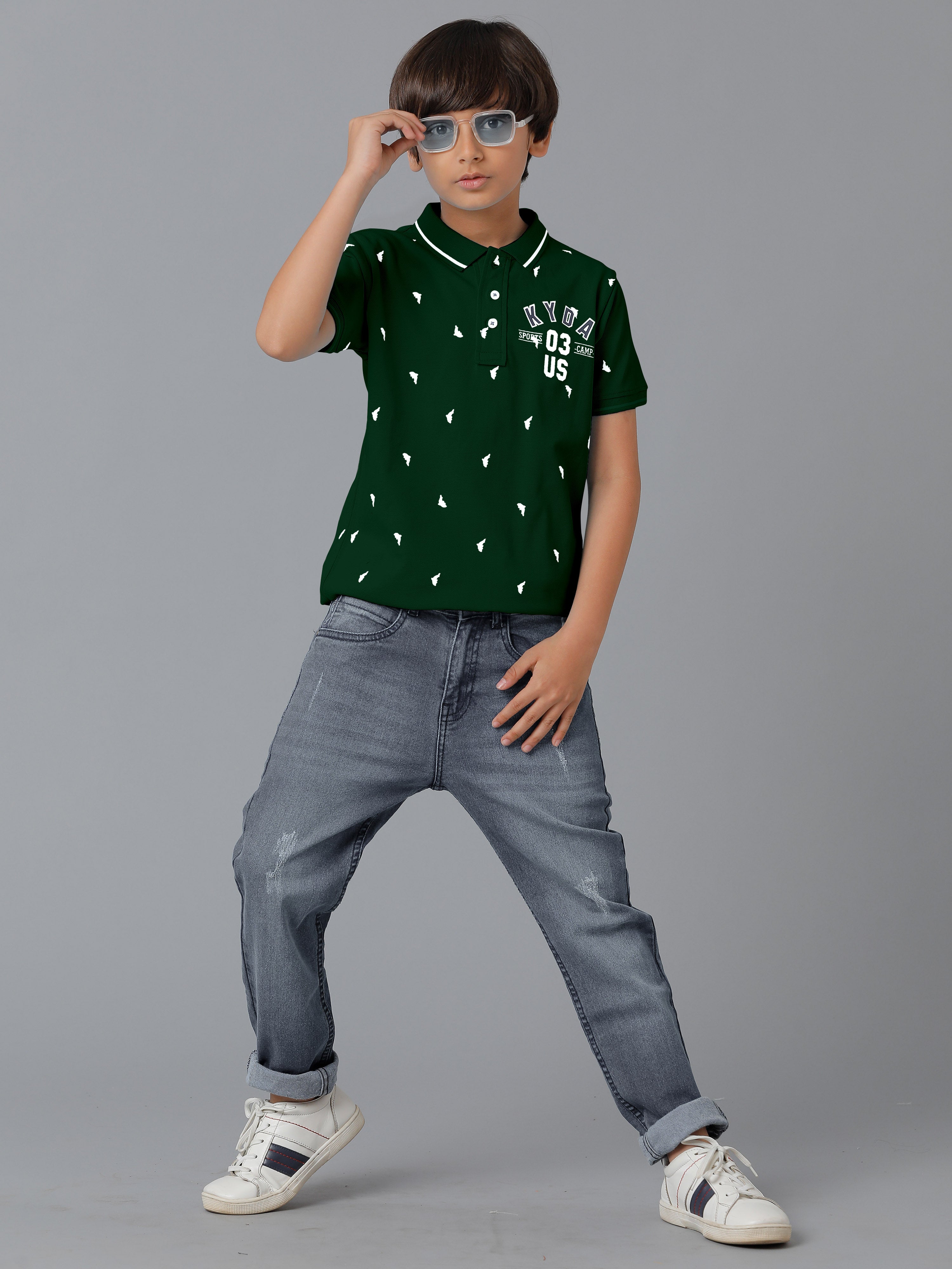 Boys Cotton Printed Regular Fit Polo Green T-Shirts