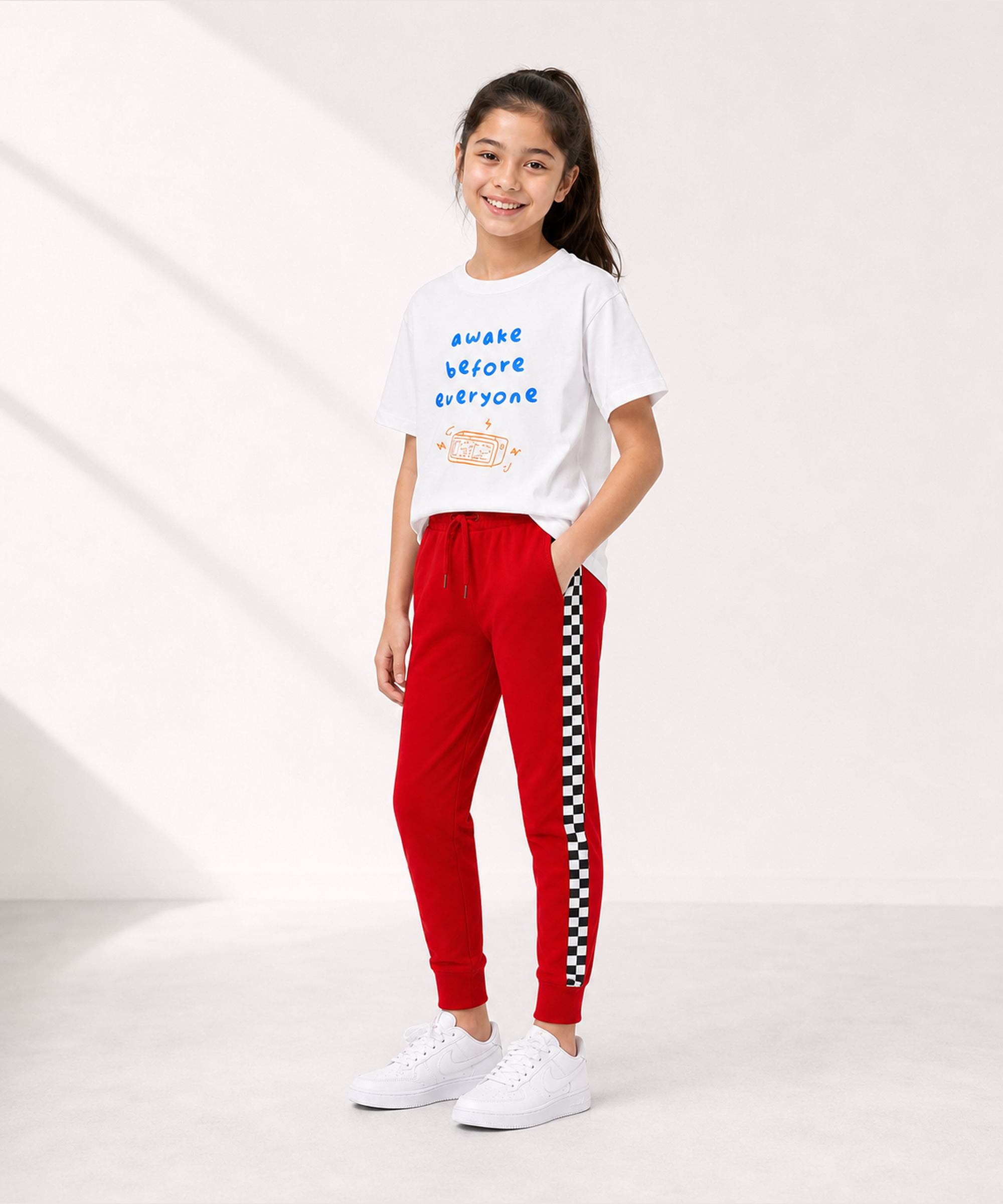 Girls Premium Cotton White Graphic T-Shirt & Red Side Stripe Pants Set | Regular Fit