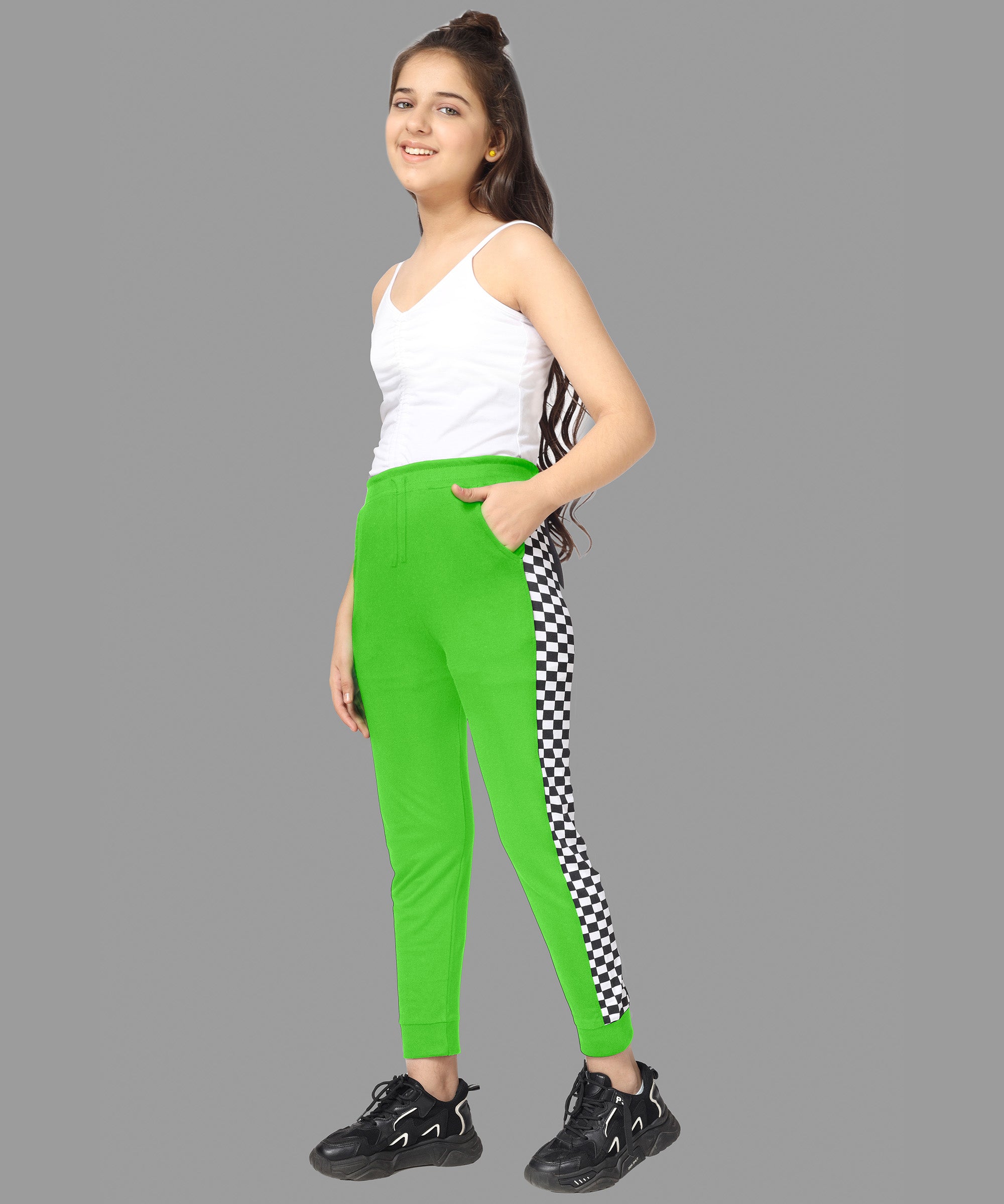 Girls Cotton Printed Track Pants with Pocket - LightGreen