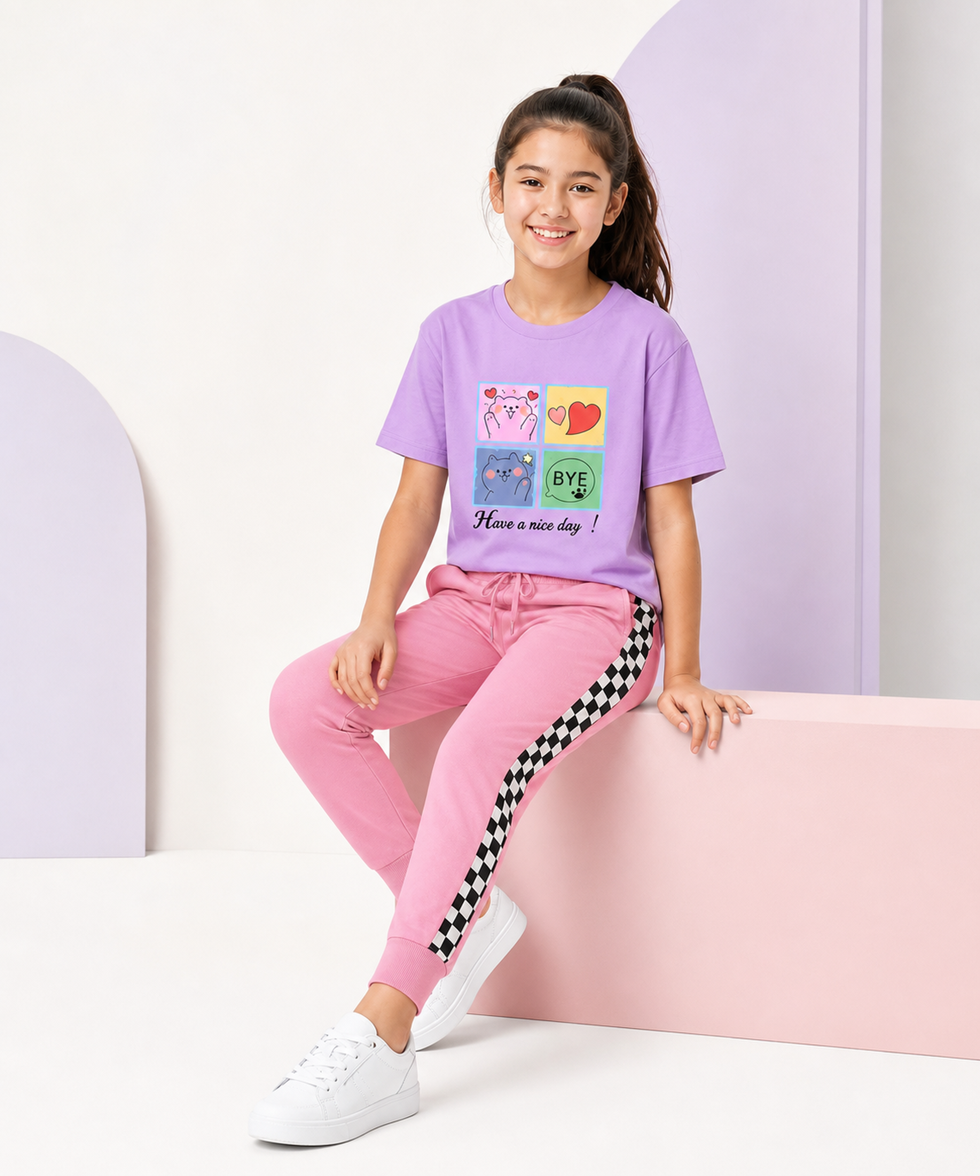 Girls Premium Cotton Lavender Graphic T-Shirt & Pink Side Stripe Pants Set | Regular Fit