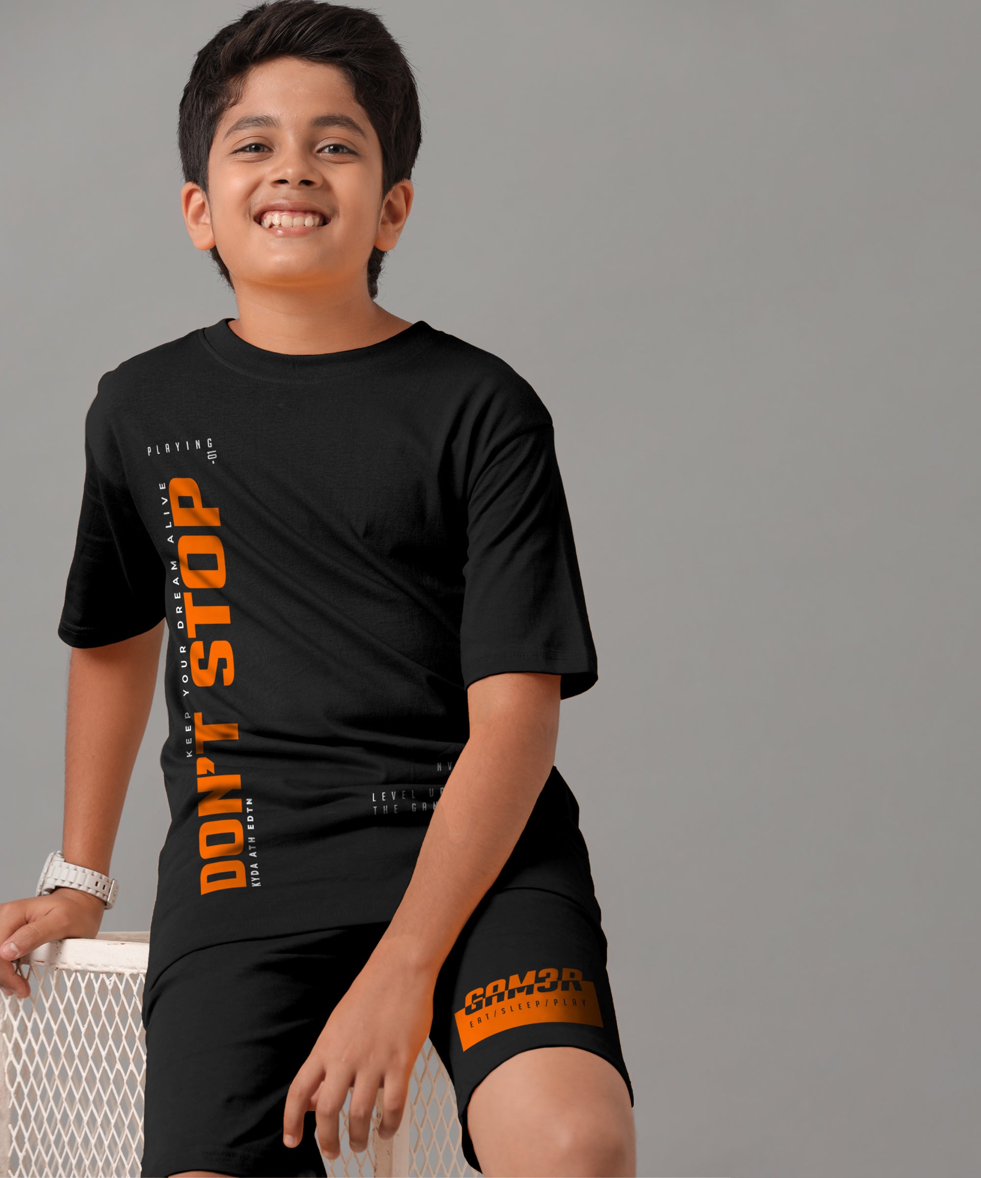 Boy's 100% Pure Cotton Premium Printed Black Tshirt and Shorts Set