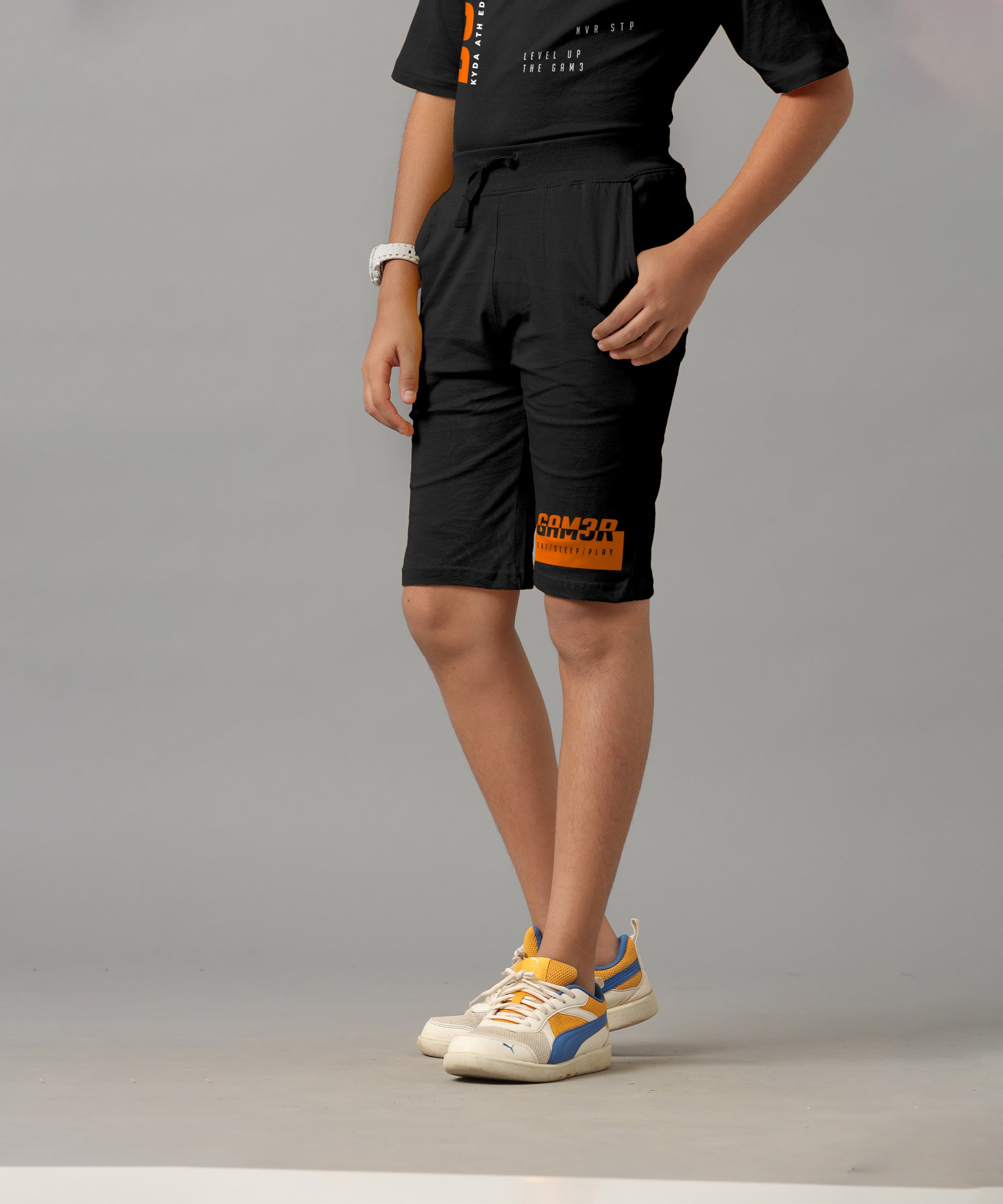 Boy's 100% Pure Cotton Premium Printed Black Tshirt and Shorts Set