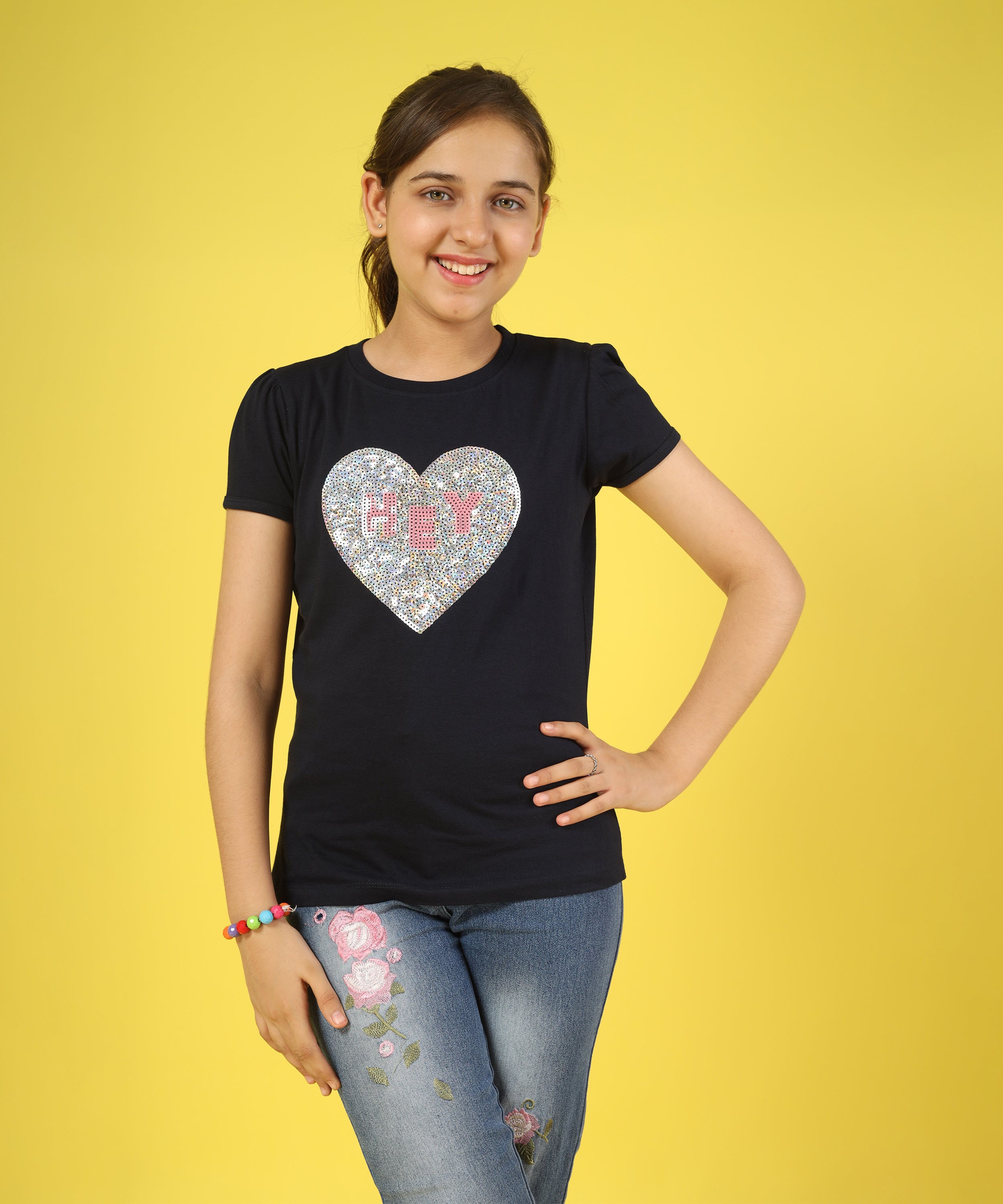 Girls Cotton Full Sleeve Sequence and Embroidery Tops - Black