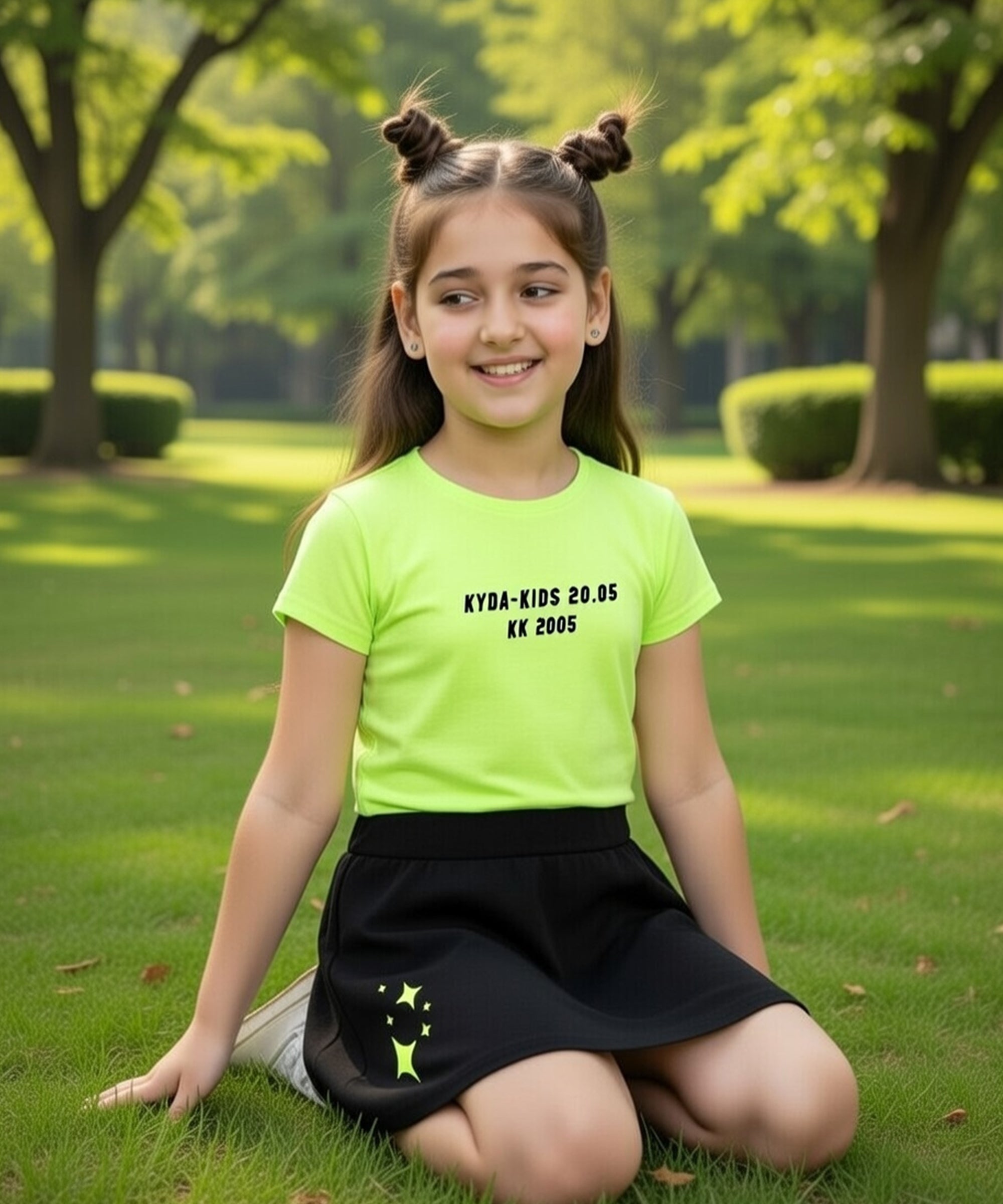 Girls Letter Print Cotton Printed Clothing Set-GreenBlack