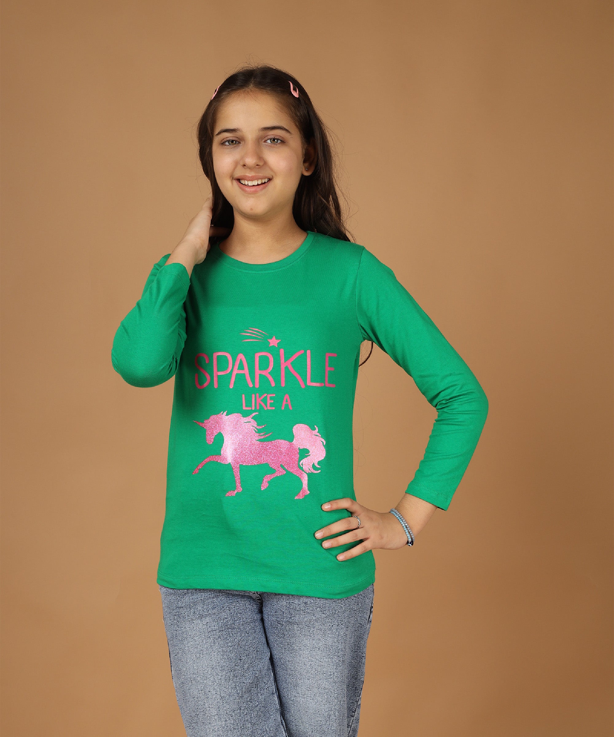 Girls Printed Full Sleeve Premium T-shirt | Green