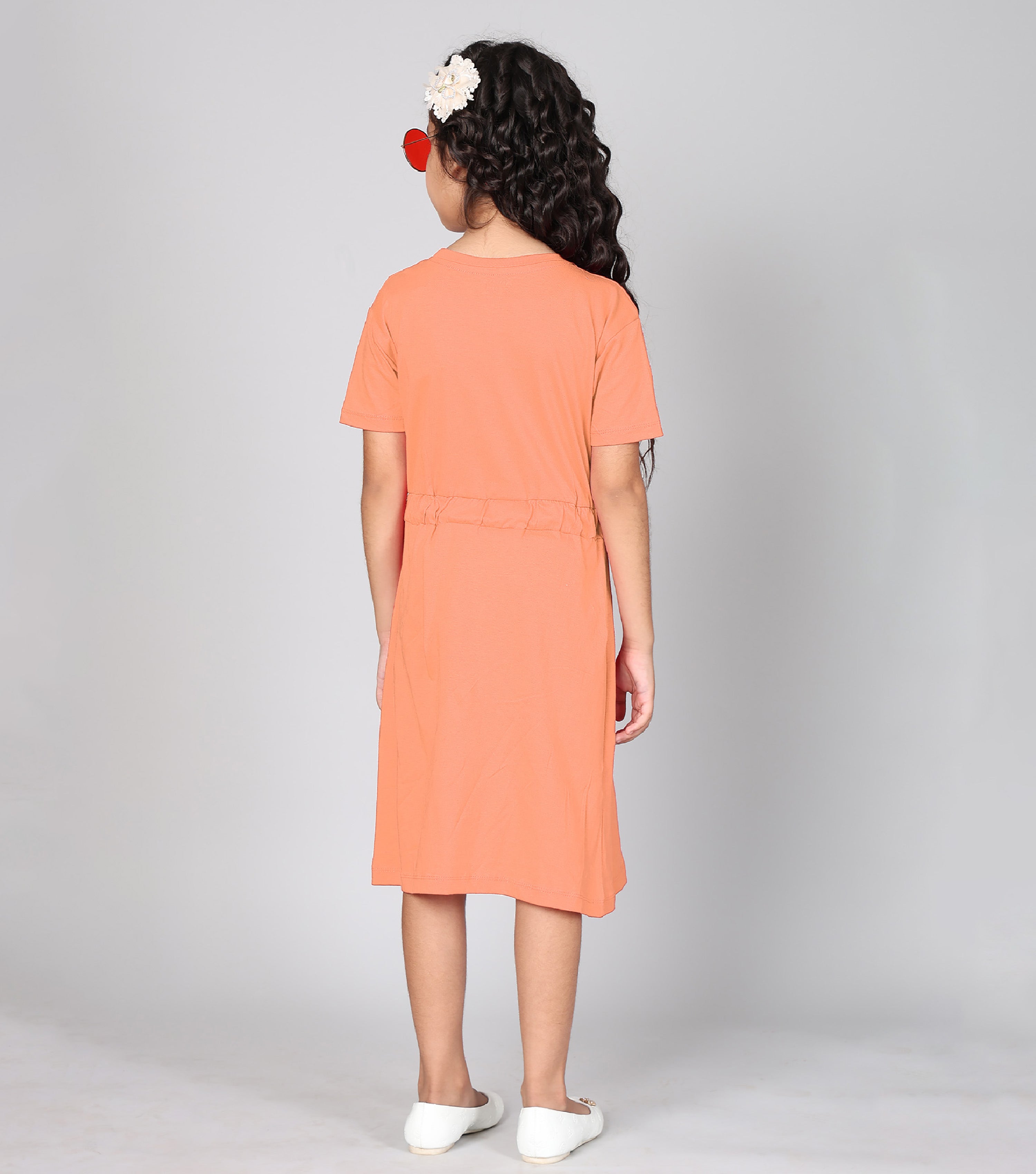 100% Pure Cotton Printed Round Neck Regular fit Short Sleeve Long Top for Girls-Light Orange