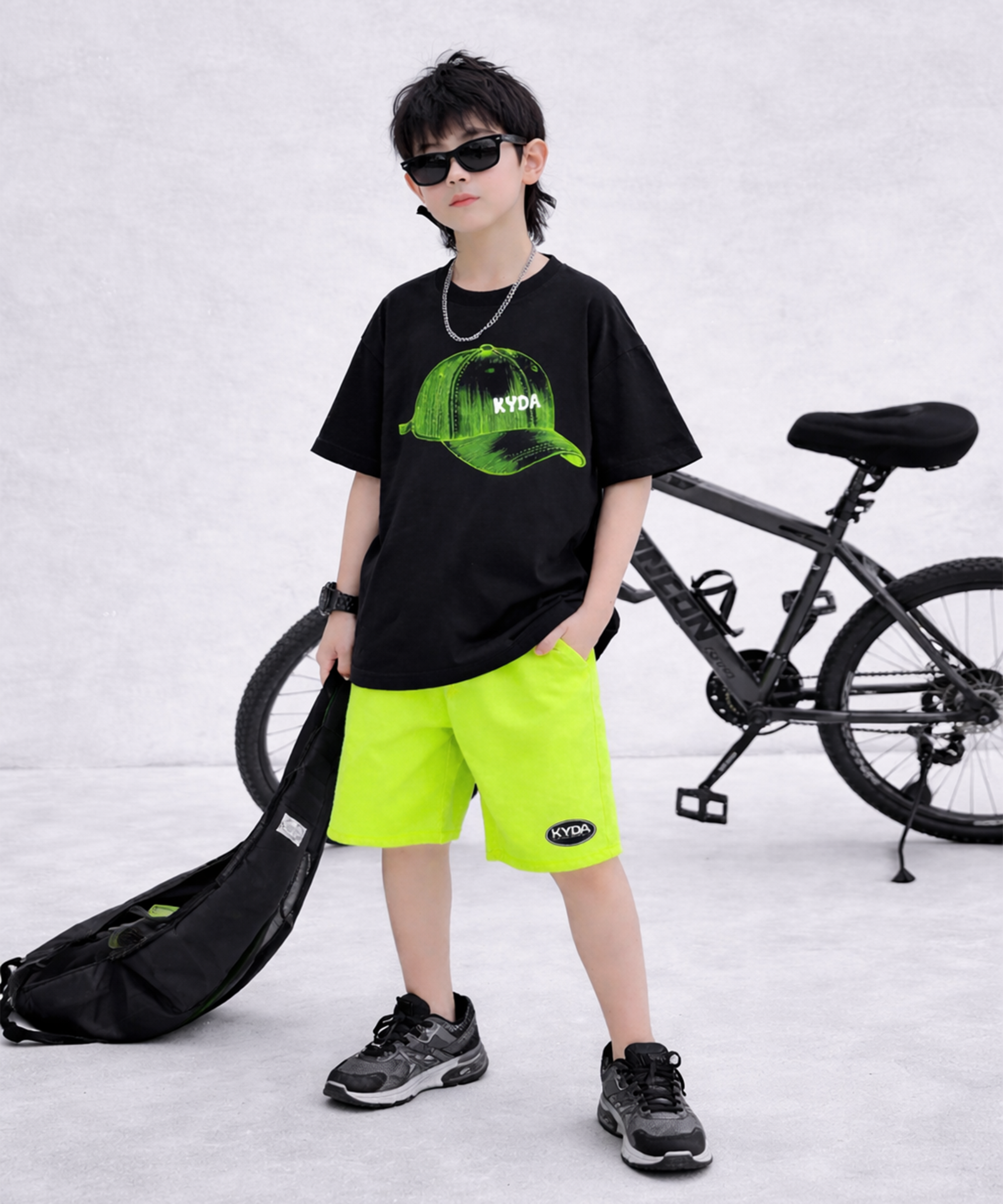 Boys Premium Cotton Cap Print Co-Ord Set | T-Shirt & Neon Green Shorts