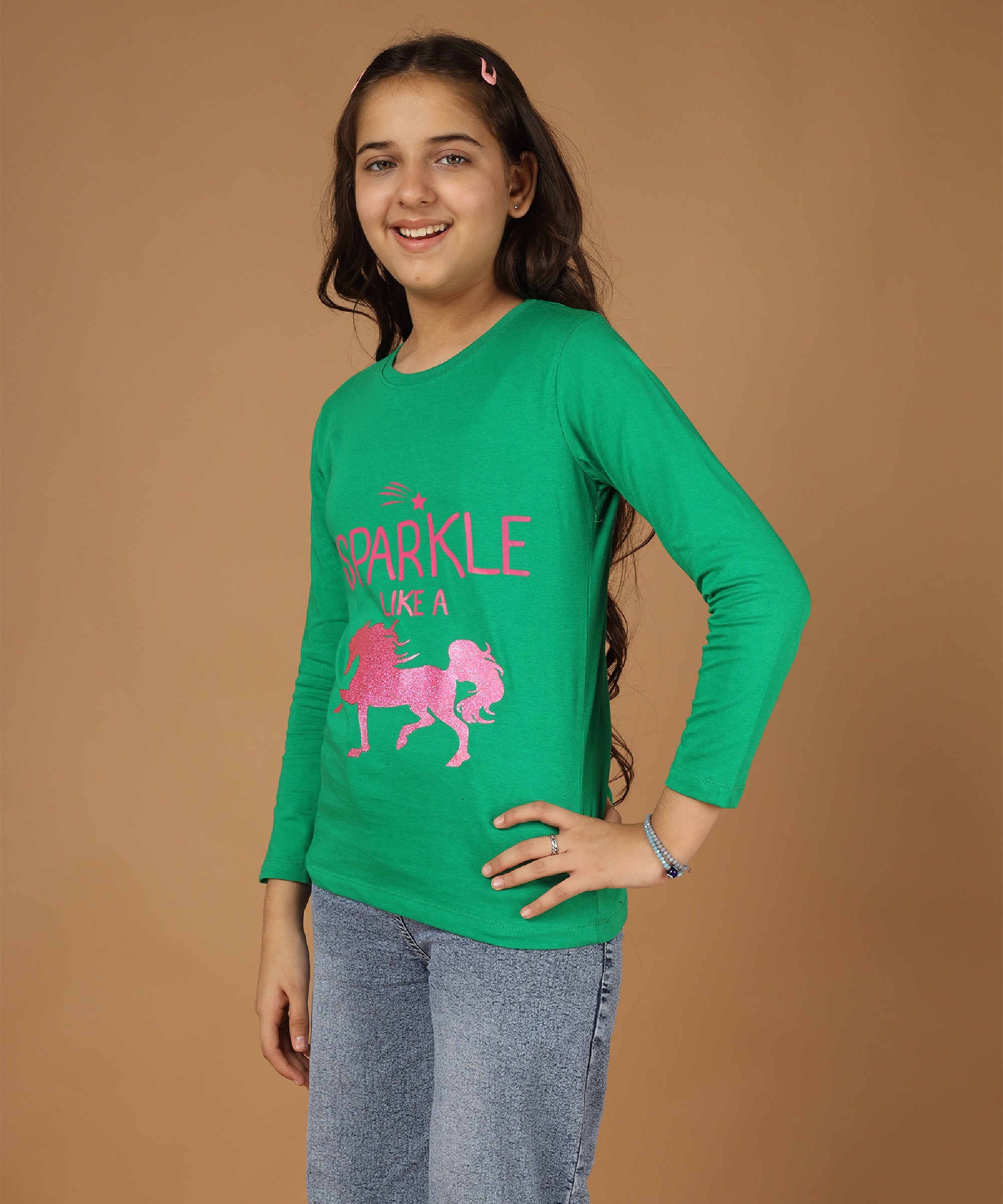 Girls Printed Full Sleeve Premium T-shirt | Green