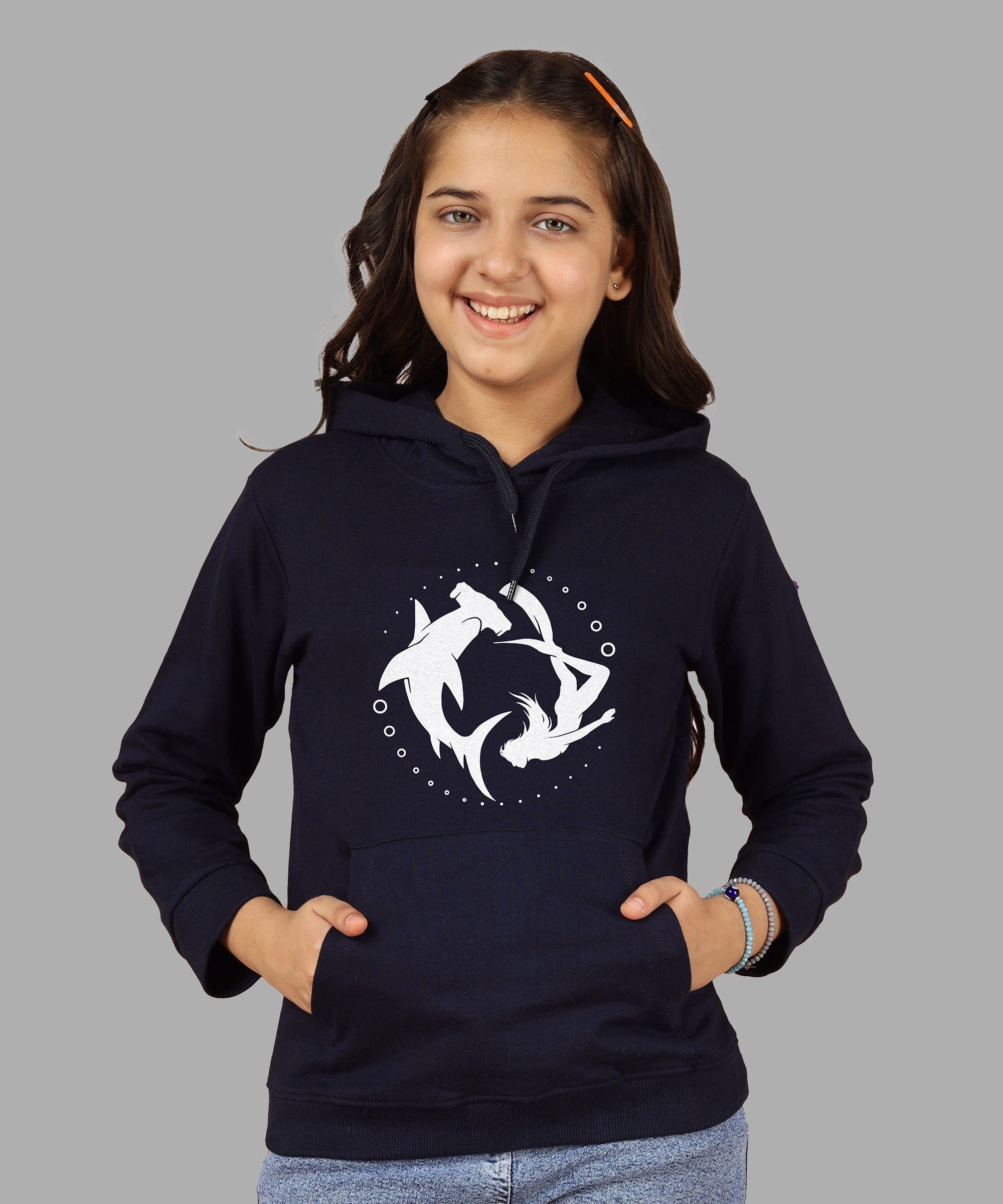 Girls Cotton Hooded Neck Hoodies - Navy