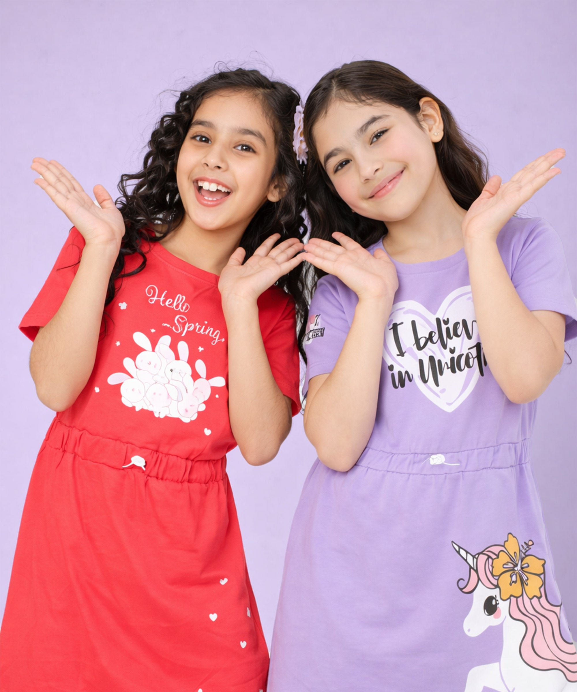 Girls Cotton Printed Long Tops | Regular Fit Round Neck Short Sleeve - Pack of 2