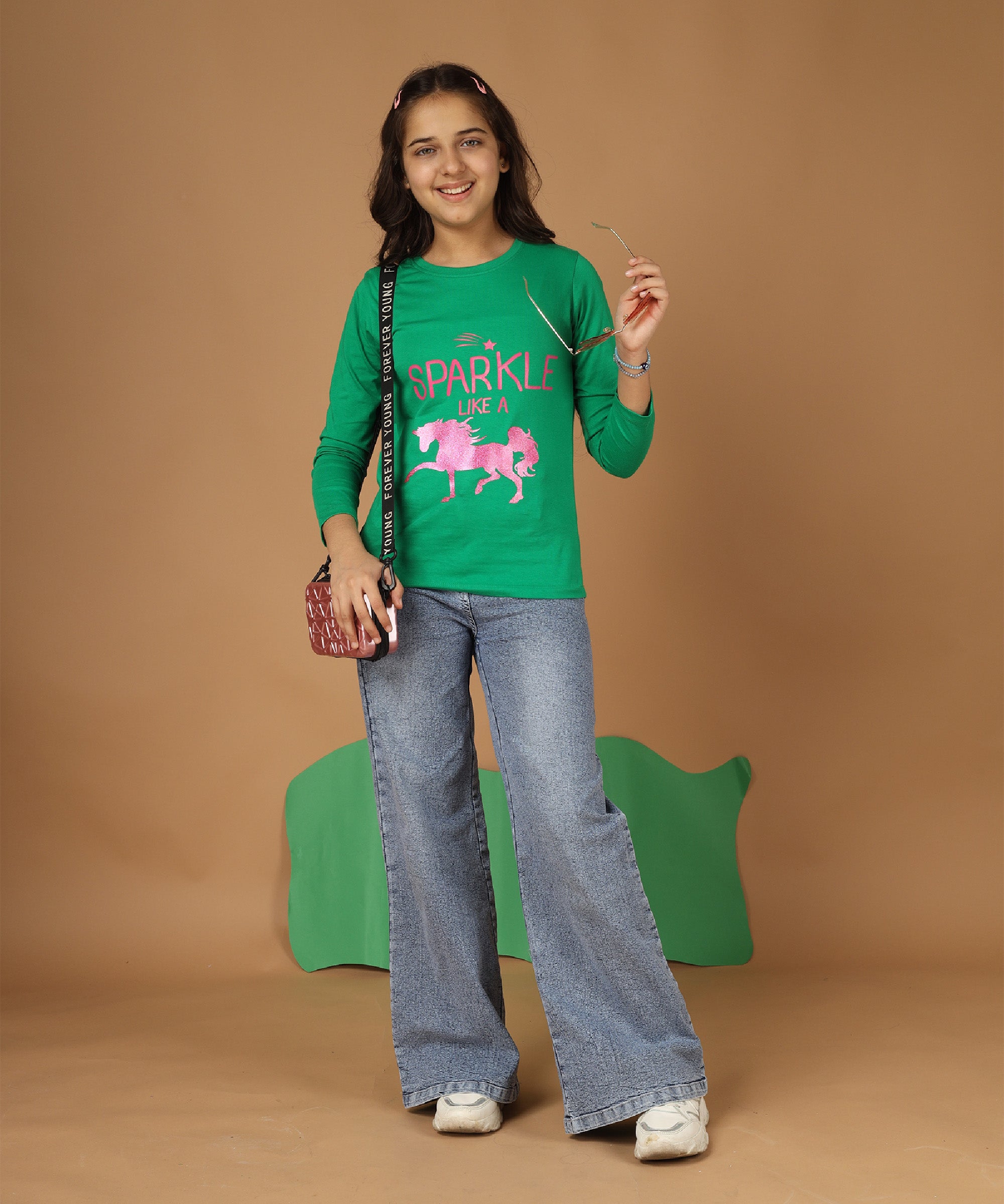 Girls Printed Full Sleeve Premium T-shirt | Green