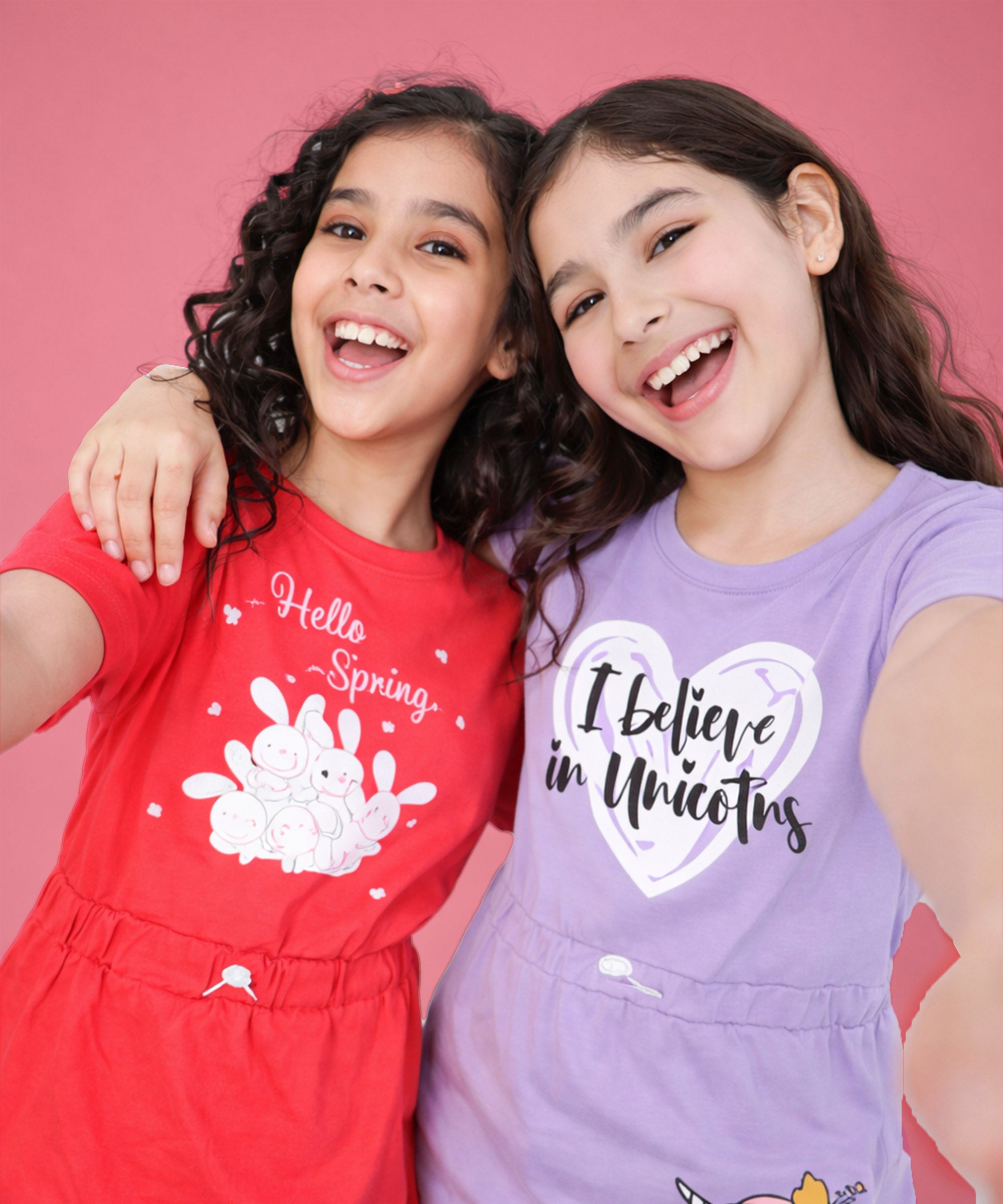 Girls Cotton Printed Long Tops | Regular Fit Round Neck Short Sleeve - Pack of 2