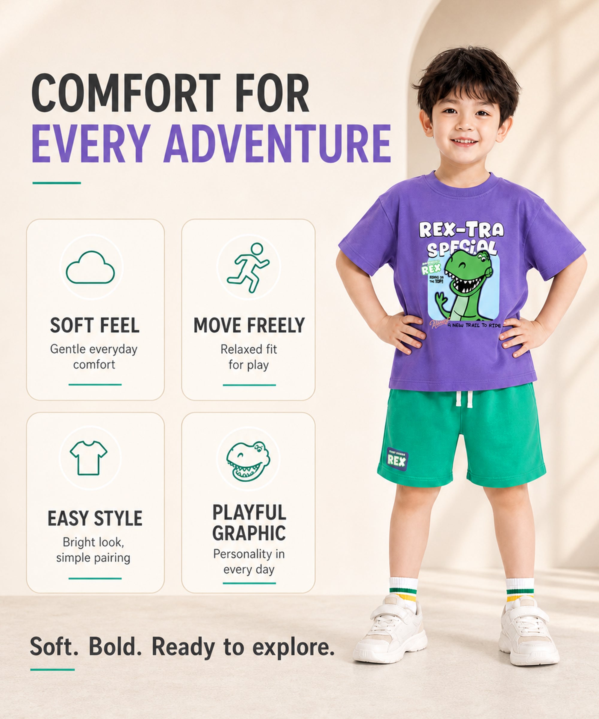 Boys Cotton Dino Print Co-Ord Set | Oversized T-Shirt & Shorts