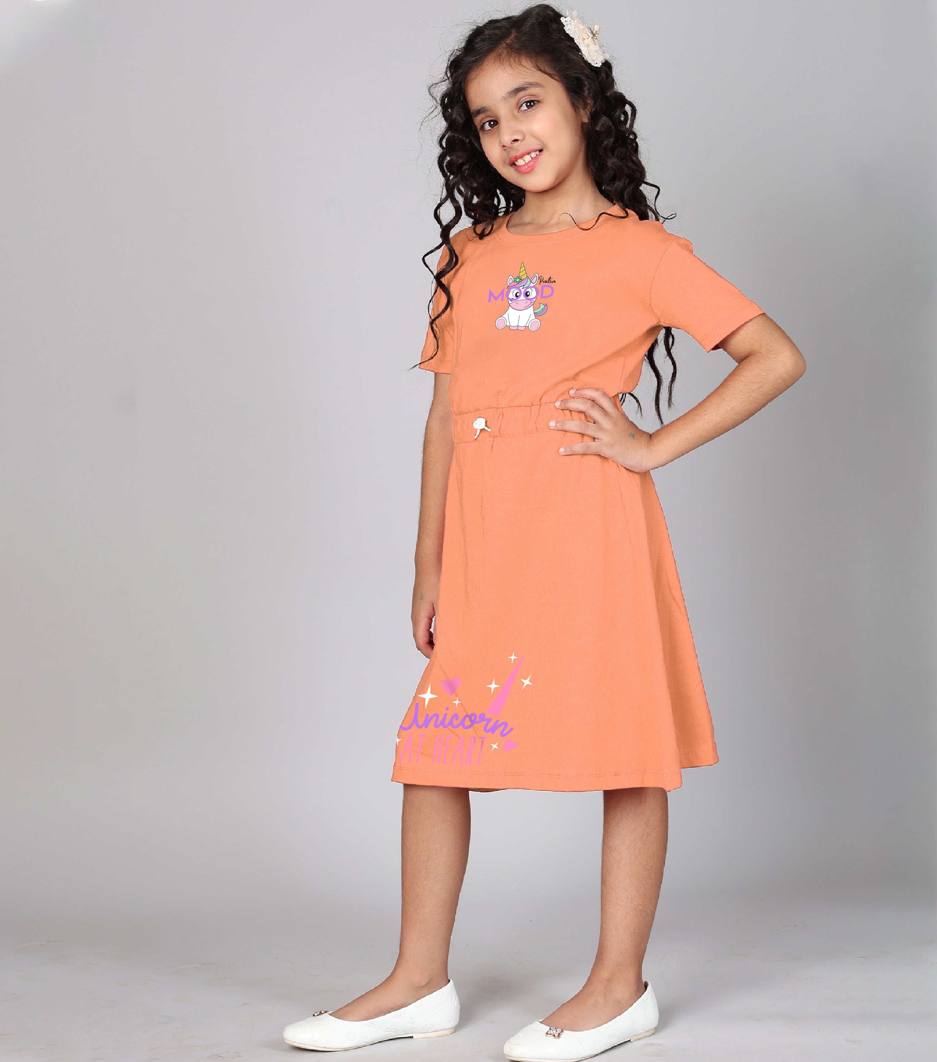 100% Pure Cotton Printed Round Neck Regular fit Short Sleeve Long Top for Girls-Light Orange