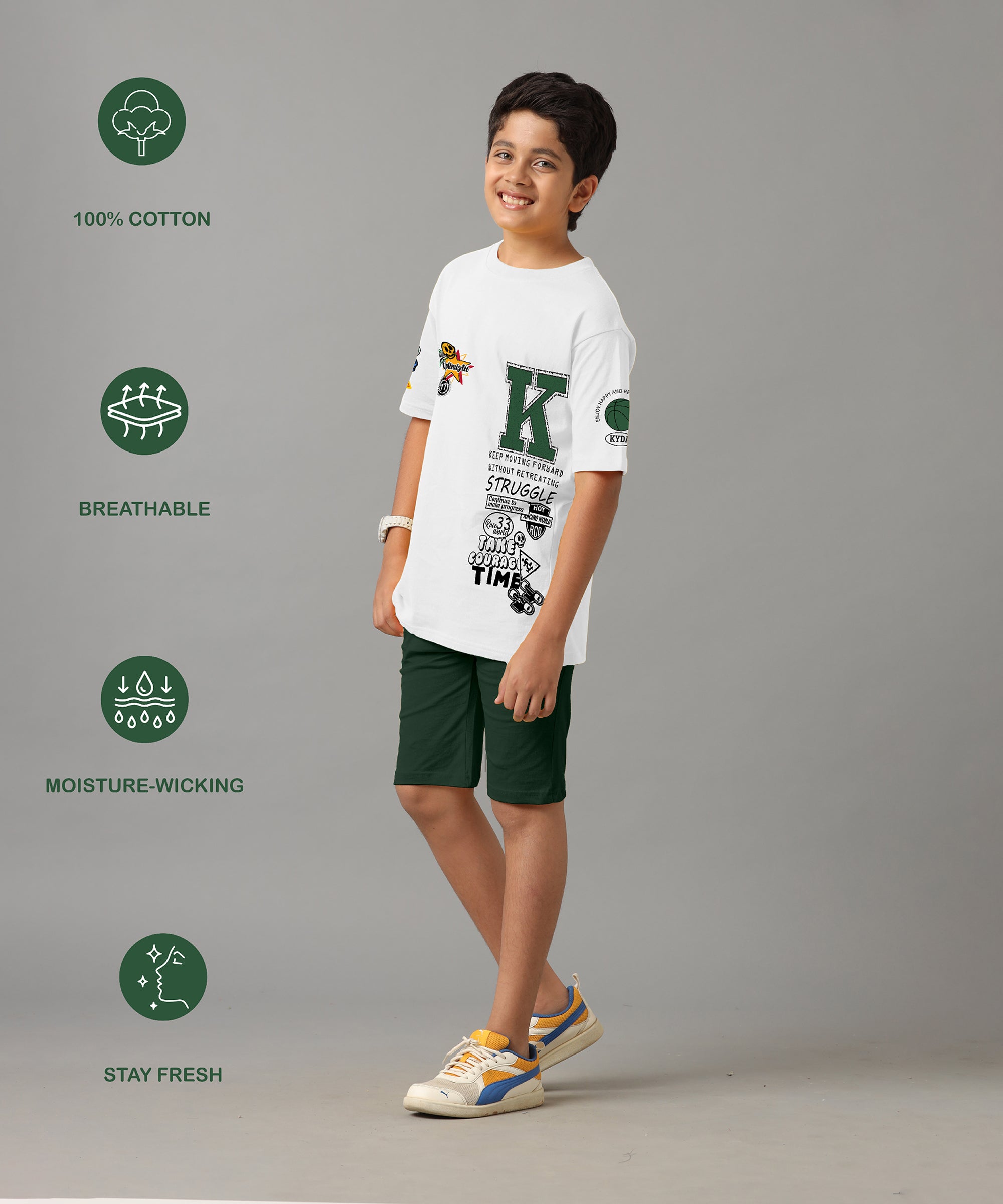 Boy's 100% Pure Cotton Premium Printed White Tshirt and Green Shorts Set