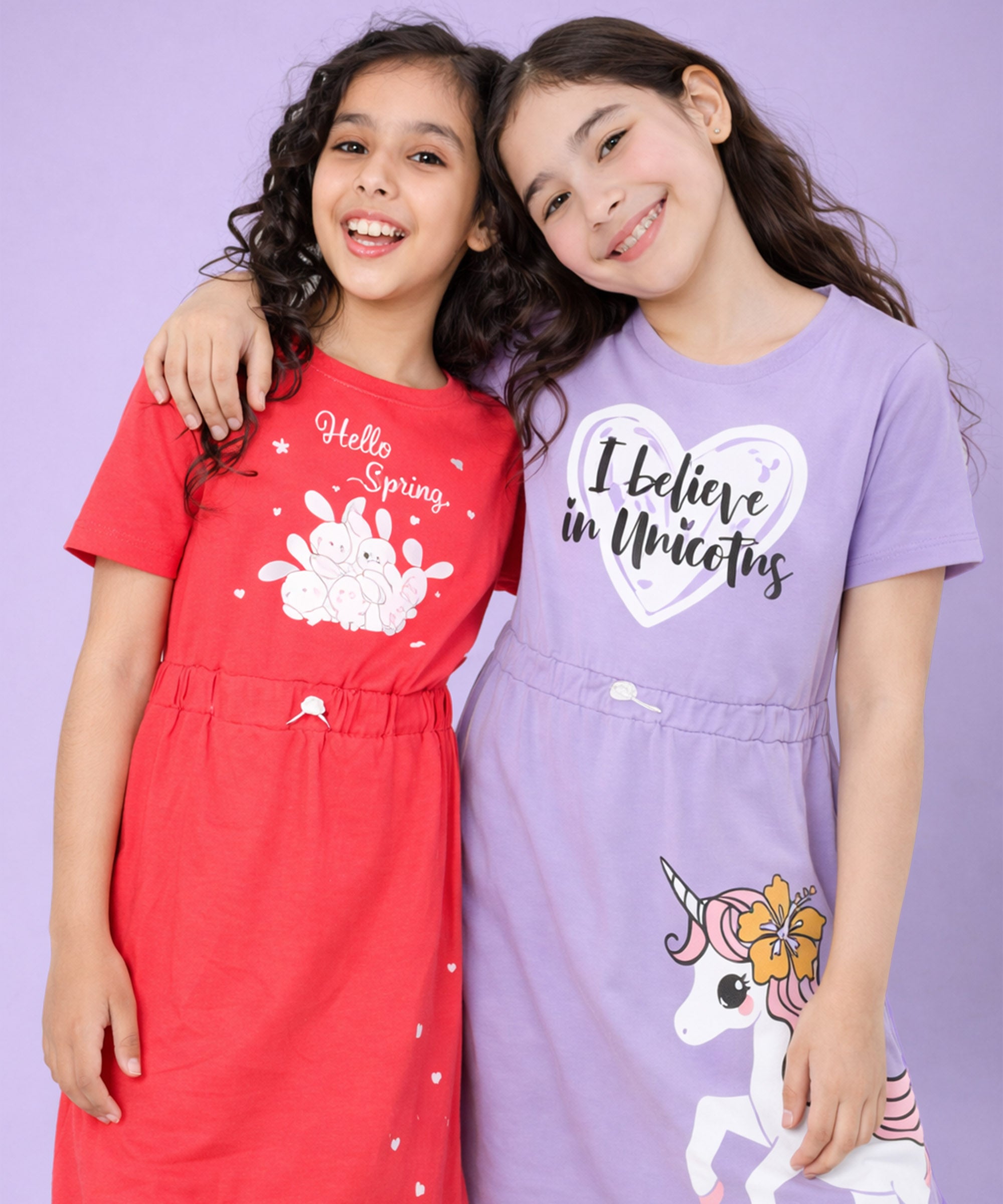 Girls Cotton Printed Long Tops | Regular Fit Round Neck Short Sleeve - Pack of 2