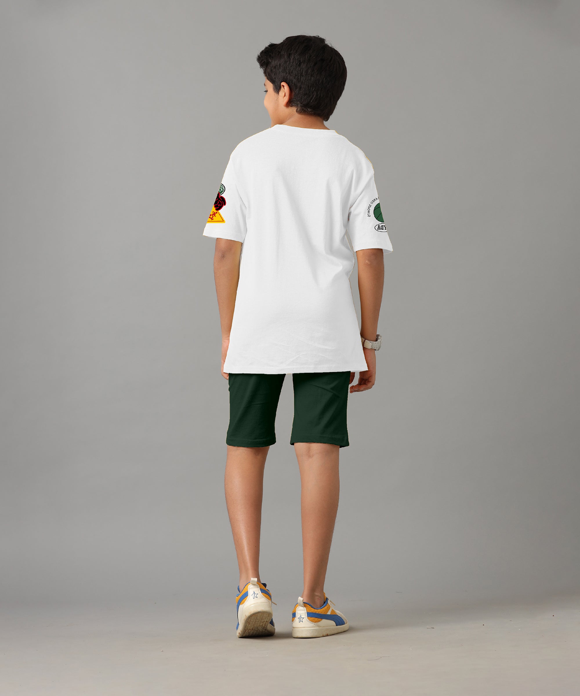 Boy's 100% Pure Cotton Premium Printed White Tshirt and Green Shorts Set