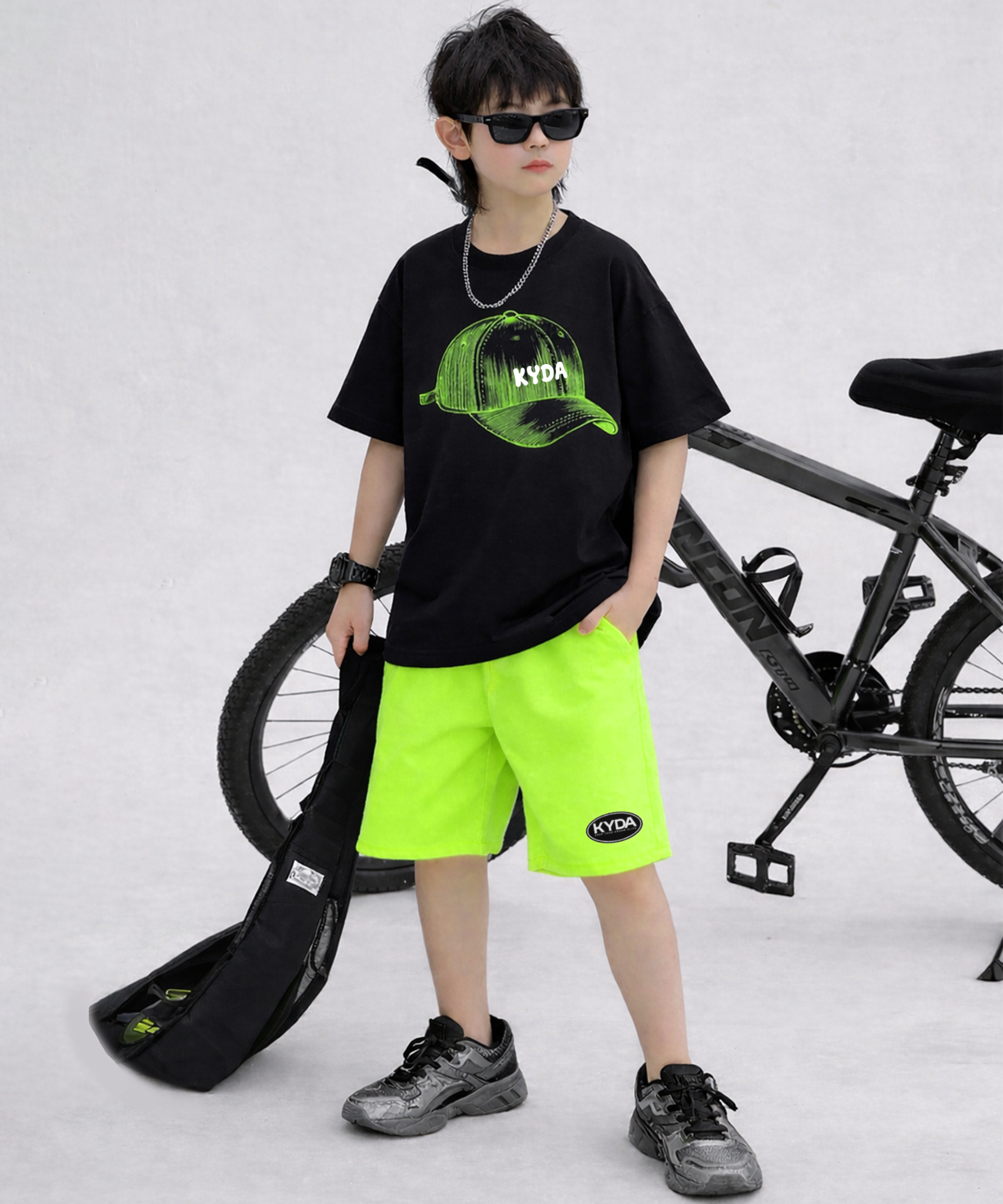 Boys Premium Cotton Cap Print Co-Ord Set | T-Shirt & Neon Green Shorts