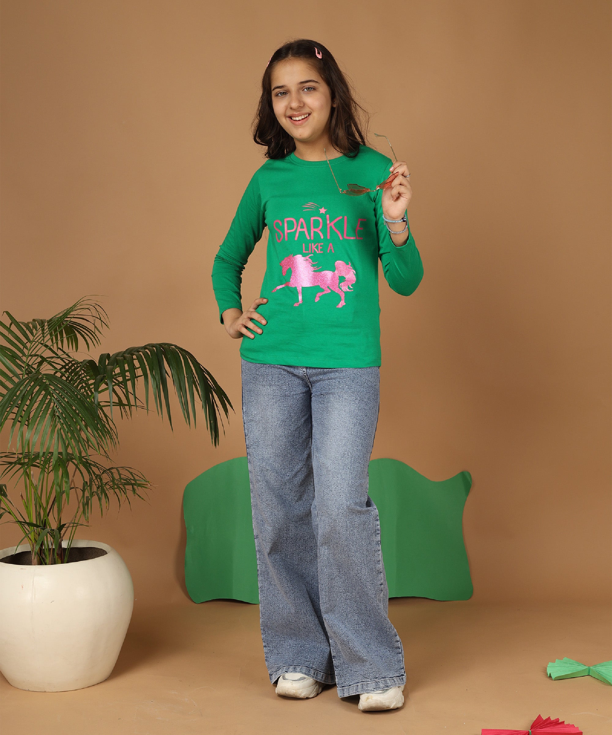 Girls Printed Full Sleeve Premium T-shirt | Green