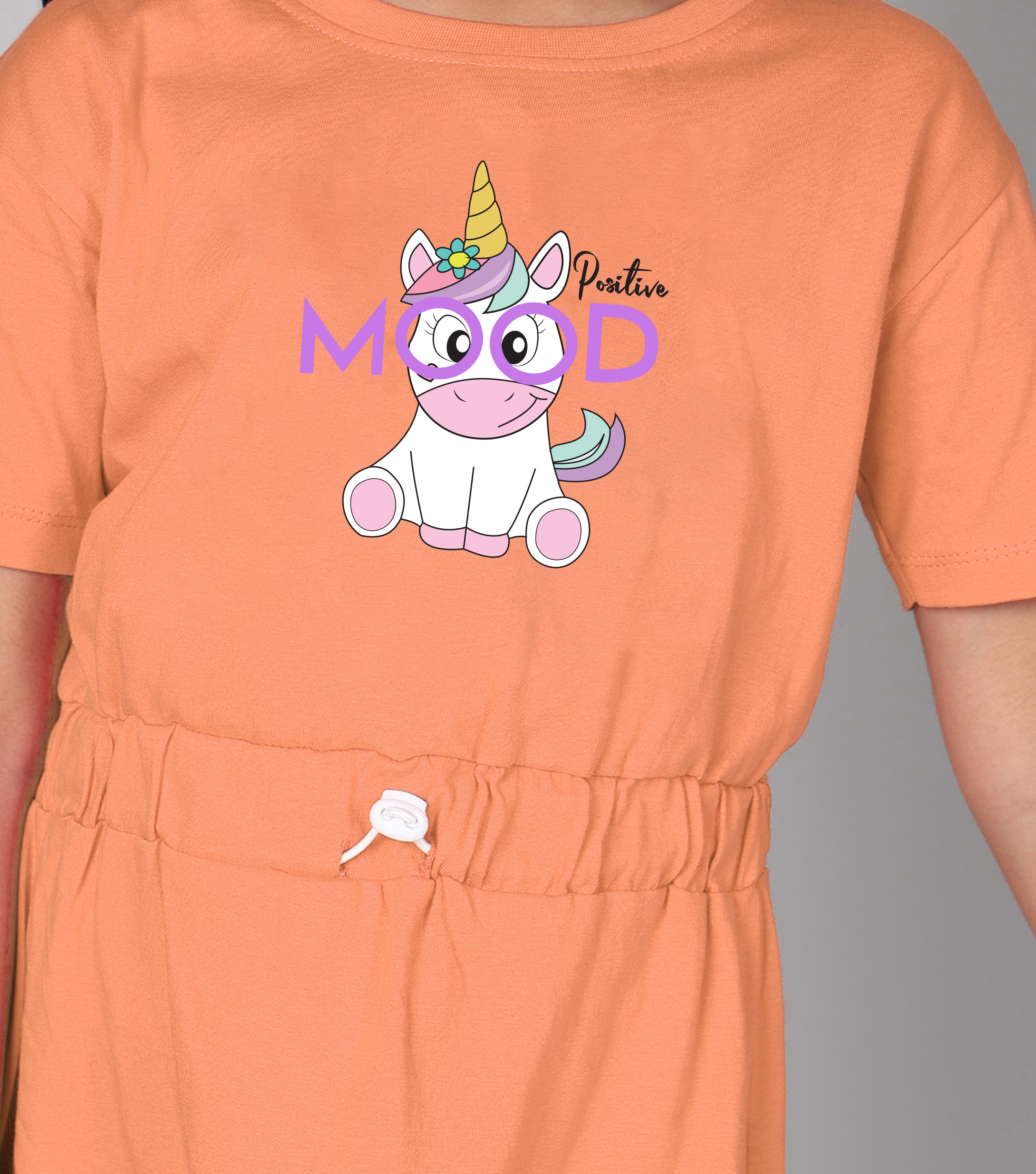 100% Pure Cotton Printed Round Neck Regular fit Short Sleeve Long Top for Girls-Light Orange