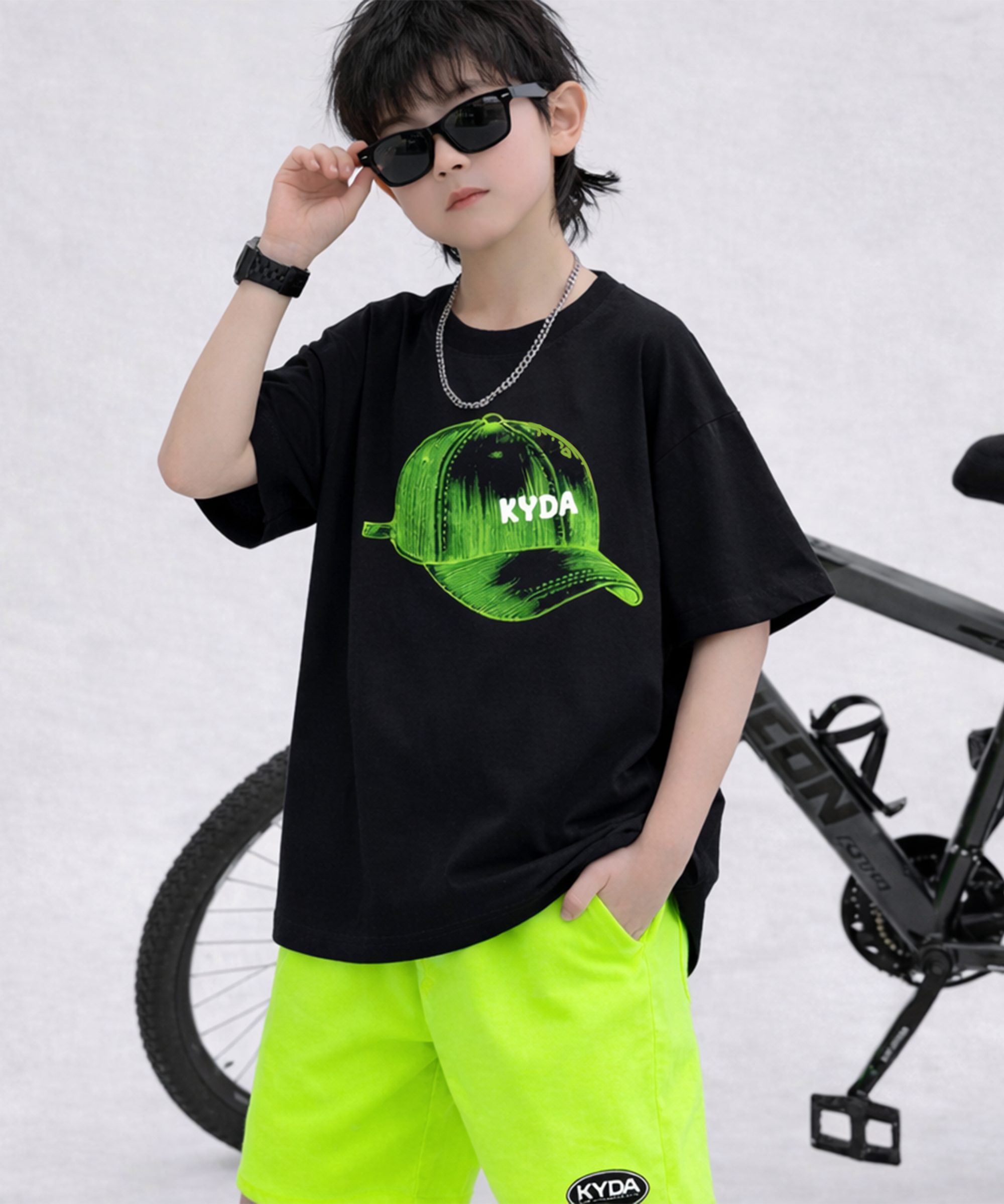 Boys Premium Cotton Cap Print Co-Ord Set | T-Shirt & Neon Green Shorts
