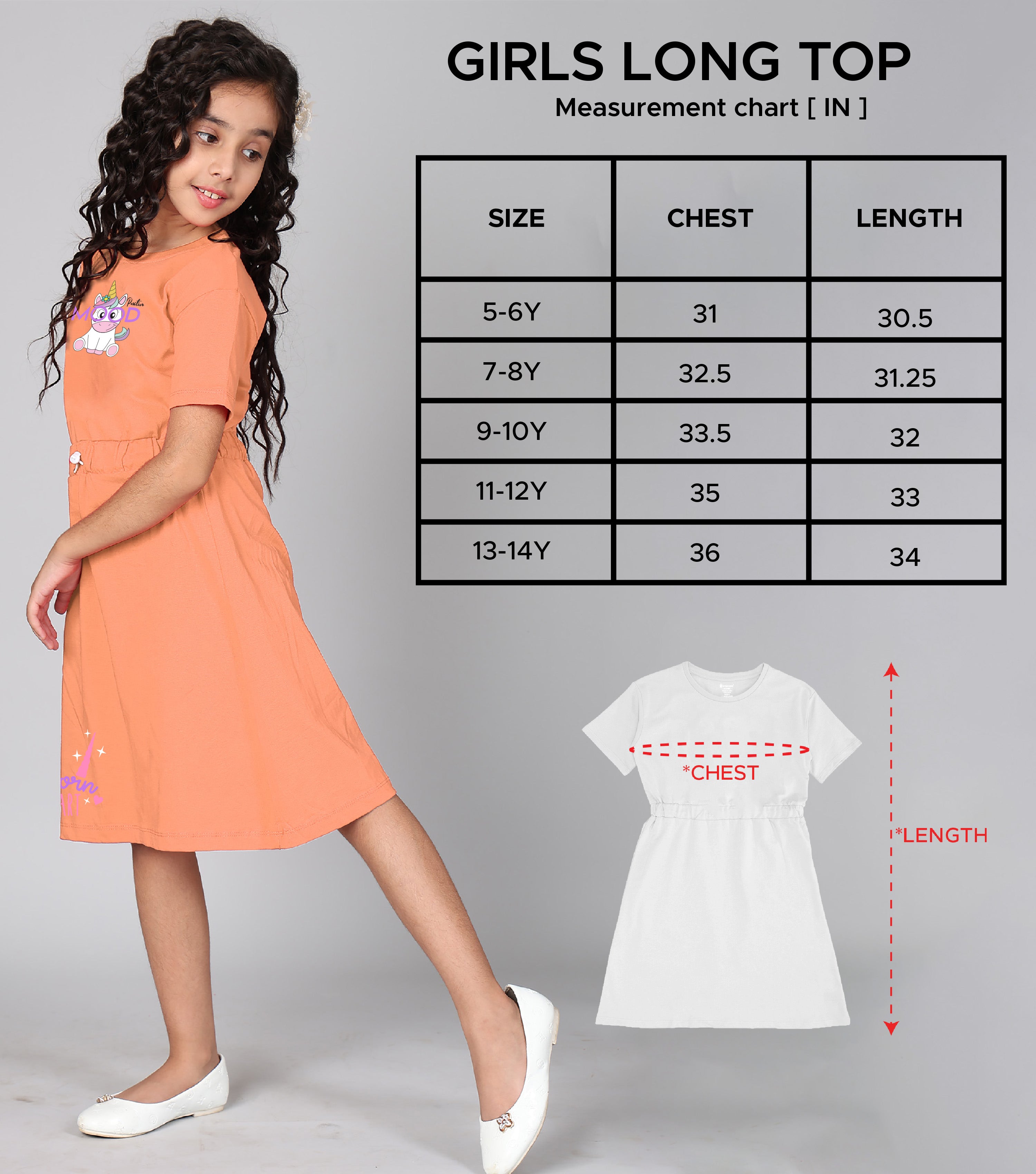 Girls Long Top With Waist Elastic Rope | Orange