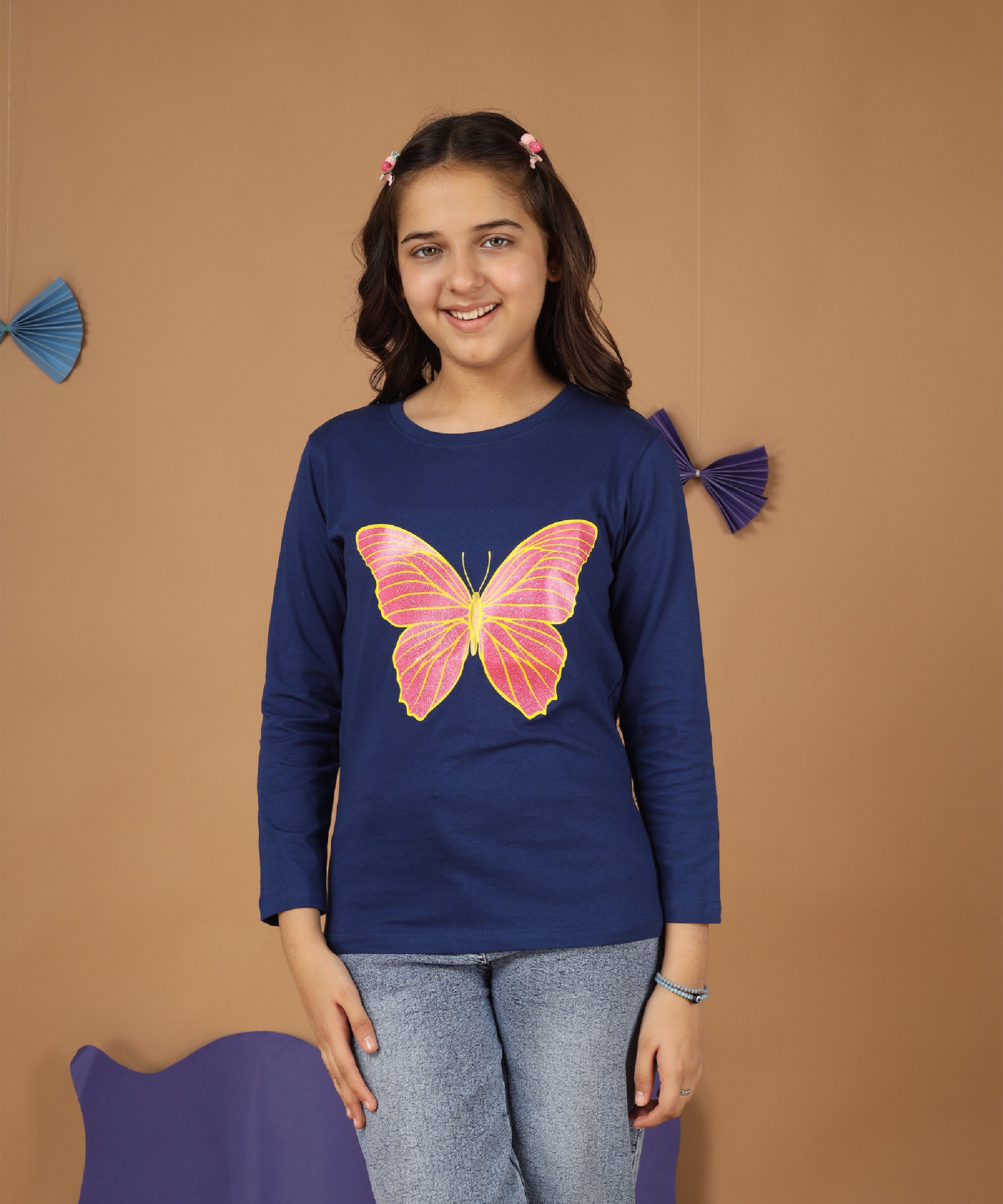Girls Printed Full Sleeve Premium T-shirt | Navy