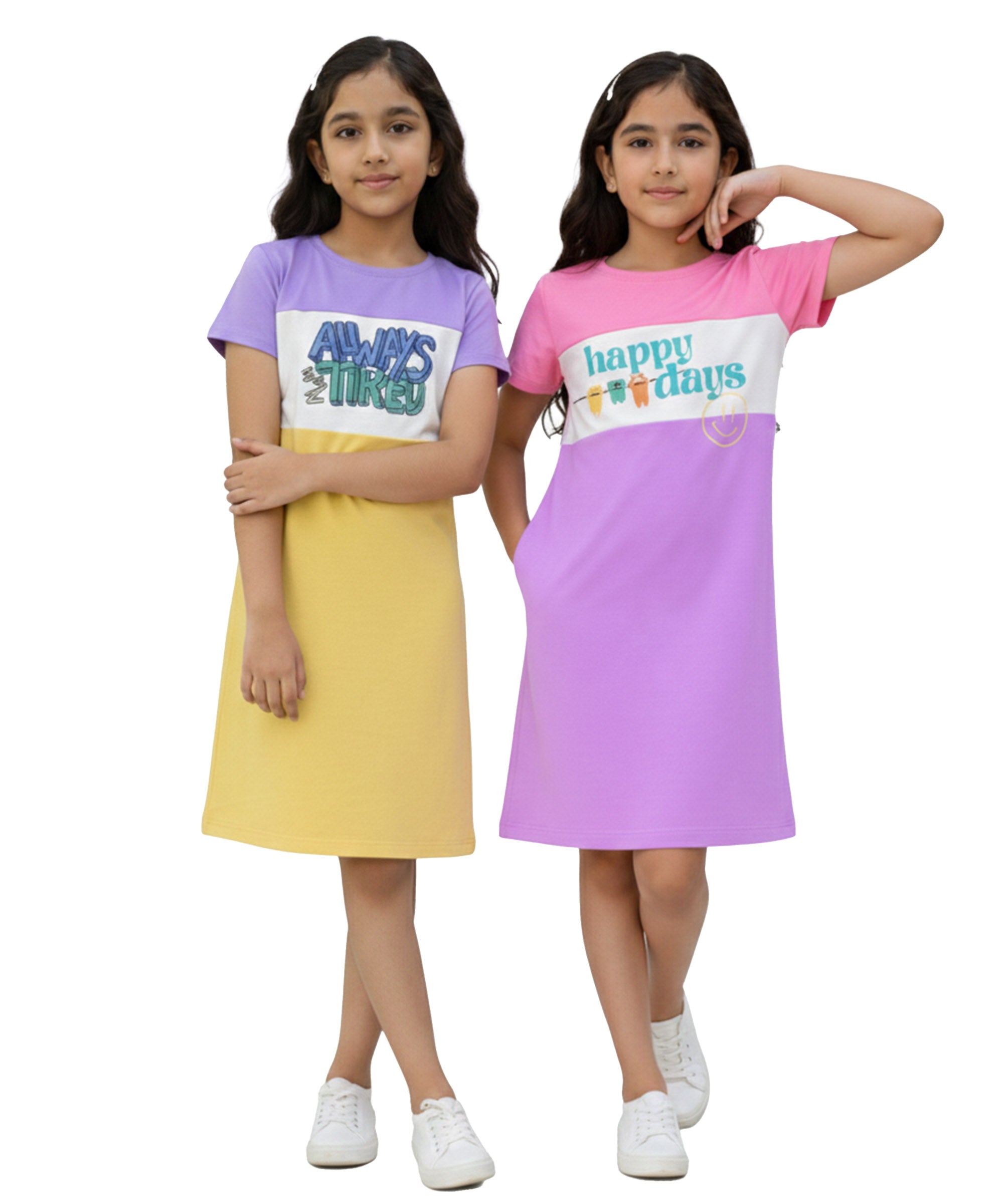 Girls Cotton Knee-Length T-Shirt Dress | Pack of 2