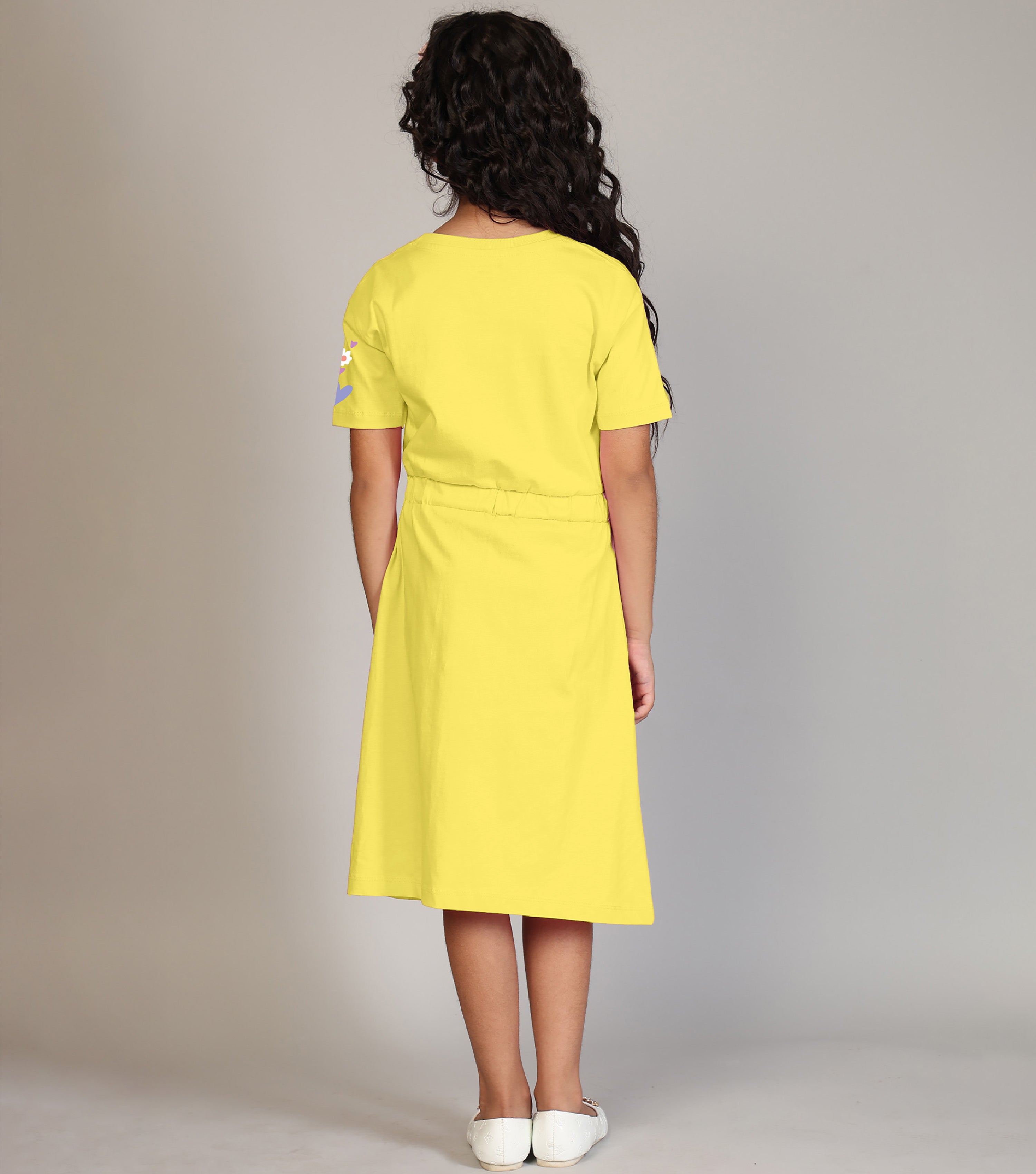 100% Pure Cotton Printed Round Neck Regular fit Short Sleeve Long Top for Girls-Light Yellow