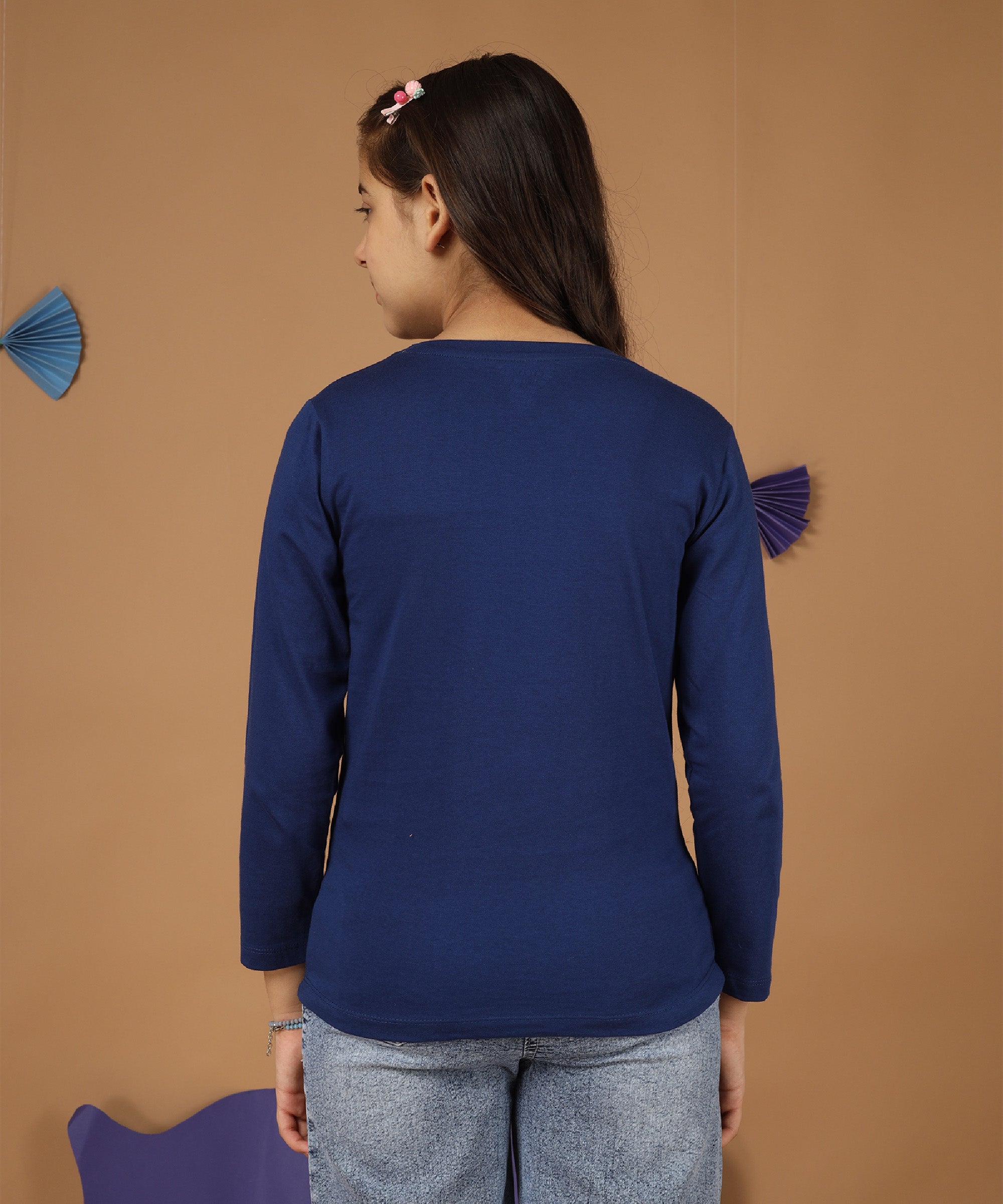 Girls Printed Full Sleeve Premium T-shirt | Navy