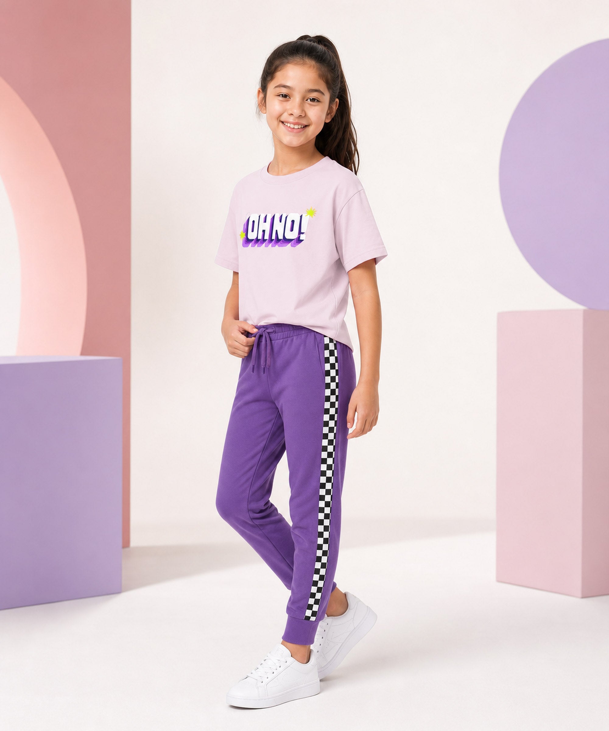 Girls Premium Cotton Light Pink Graphic T-Shirt & Purple Side Stripe Pants Set | Regular Fit