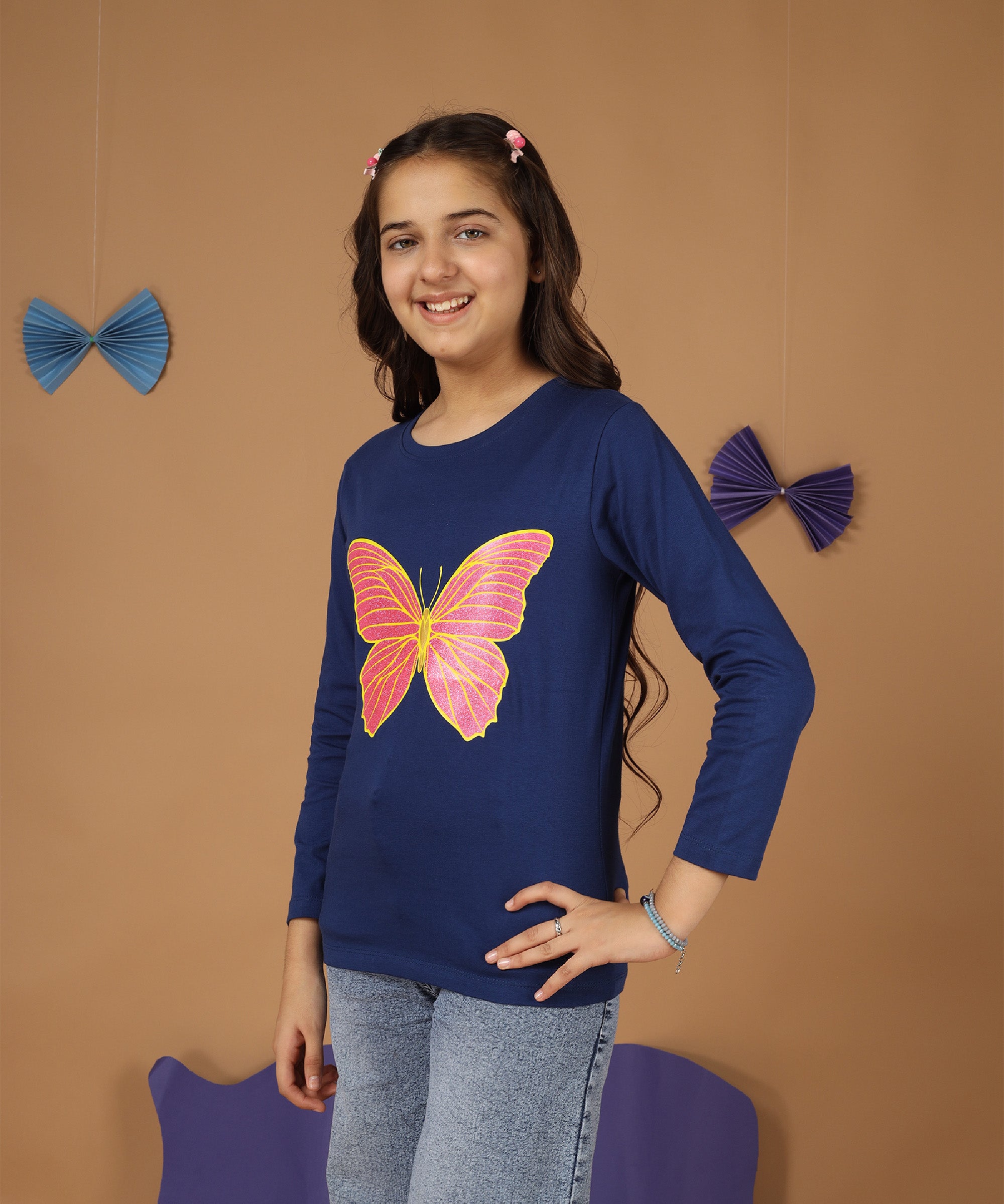 Girls Printed Full Sleeve Premium T-shirt | Navy
