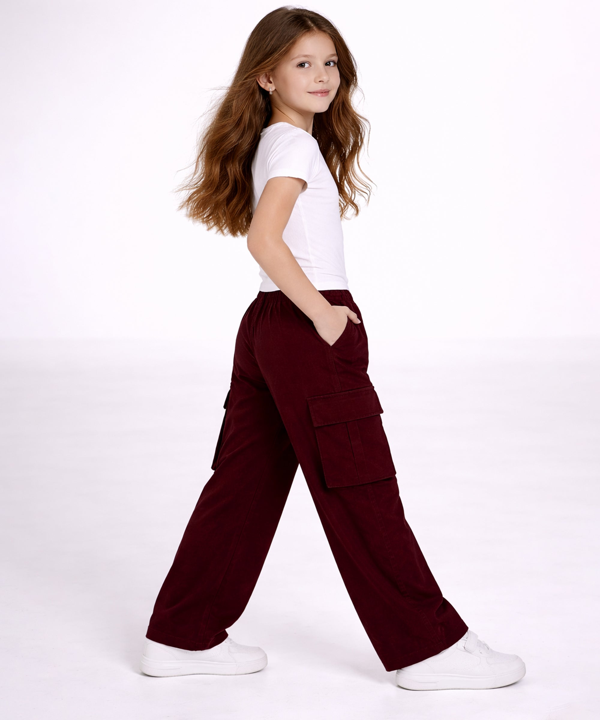 Girls Cotton Elastic Waist Multi-Pocket Cargo Pants | Korean Style Wide Leg