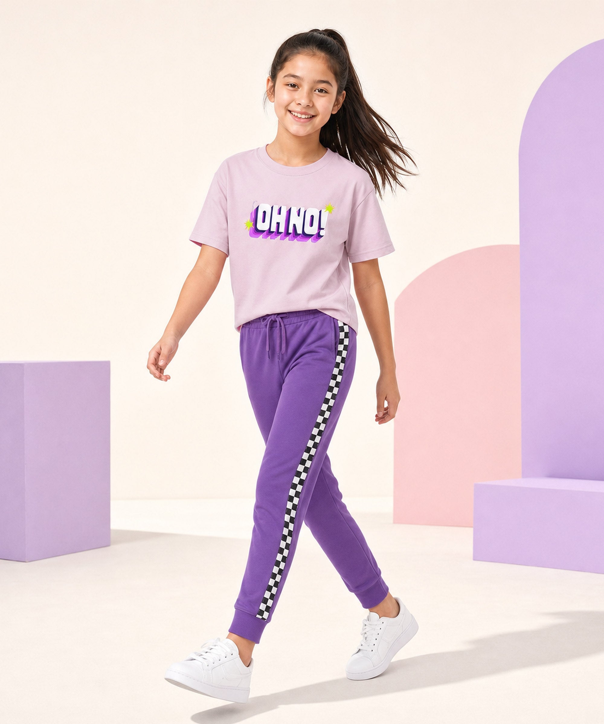 Girls Premium Cotton Light Pink Graphic T-Shirt & Purple Side Stripe Pants Set | Regular Fit