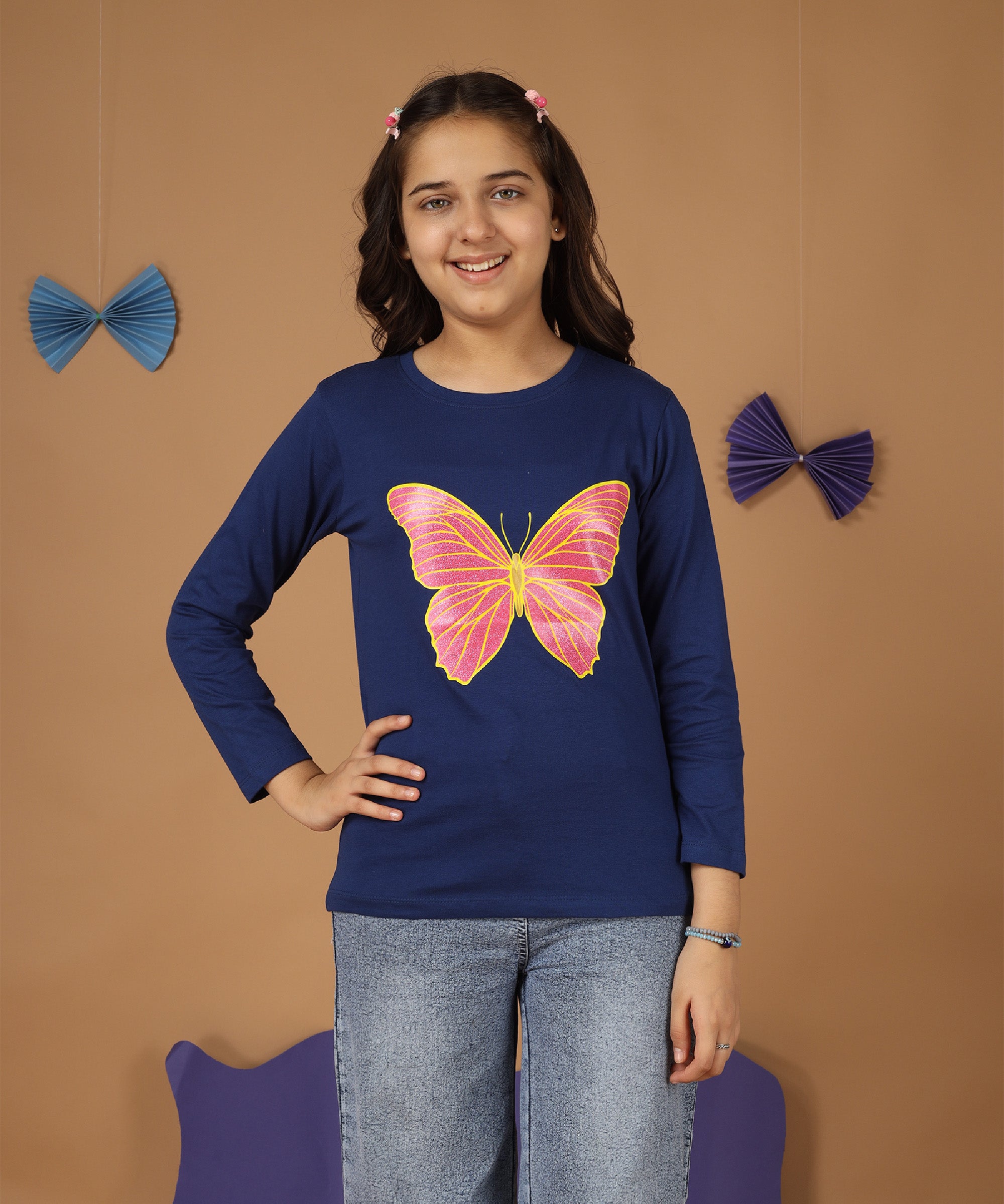 Girls Printed Full Sleeve Premium T-shirt | Navy