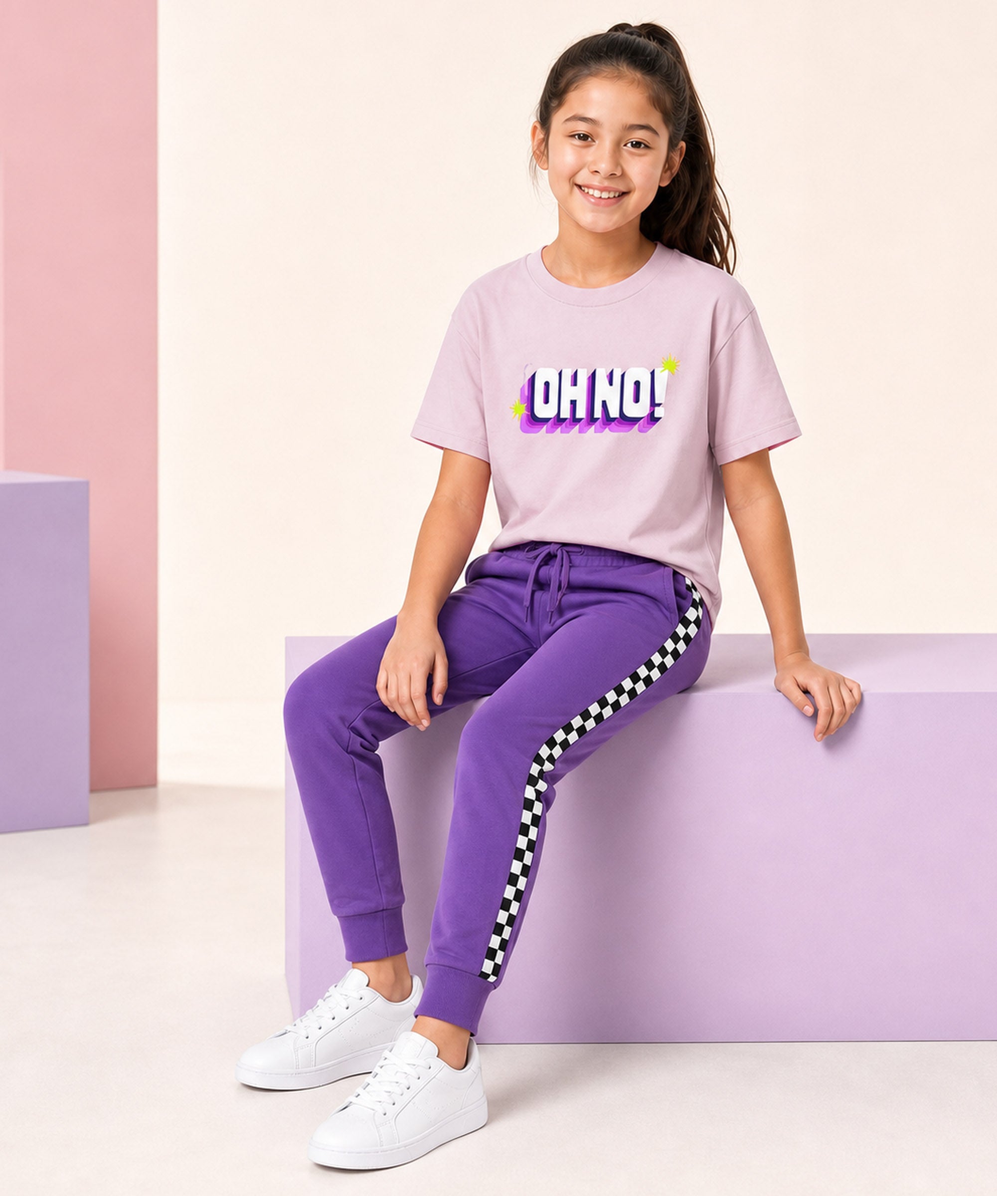 Girls Premium Cotton Light Pink Graphic T-Shirt & Purple Side Stripe Pants Set | Regular Fit