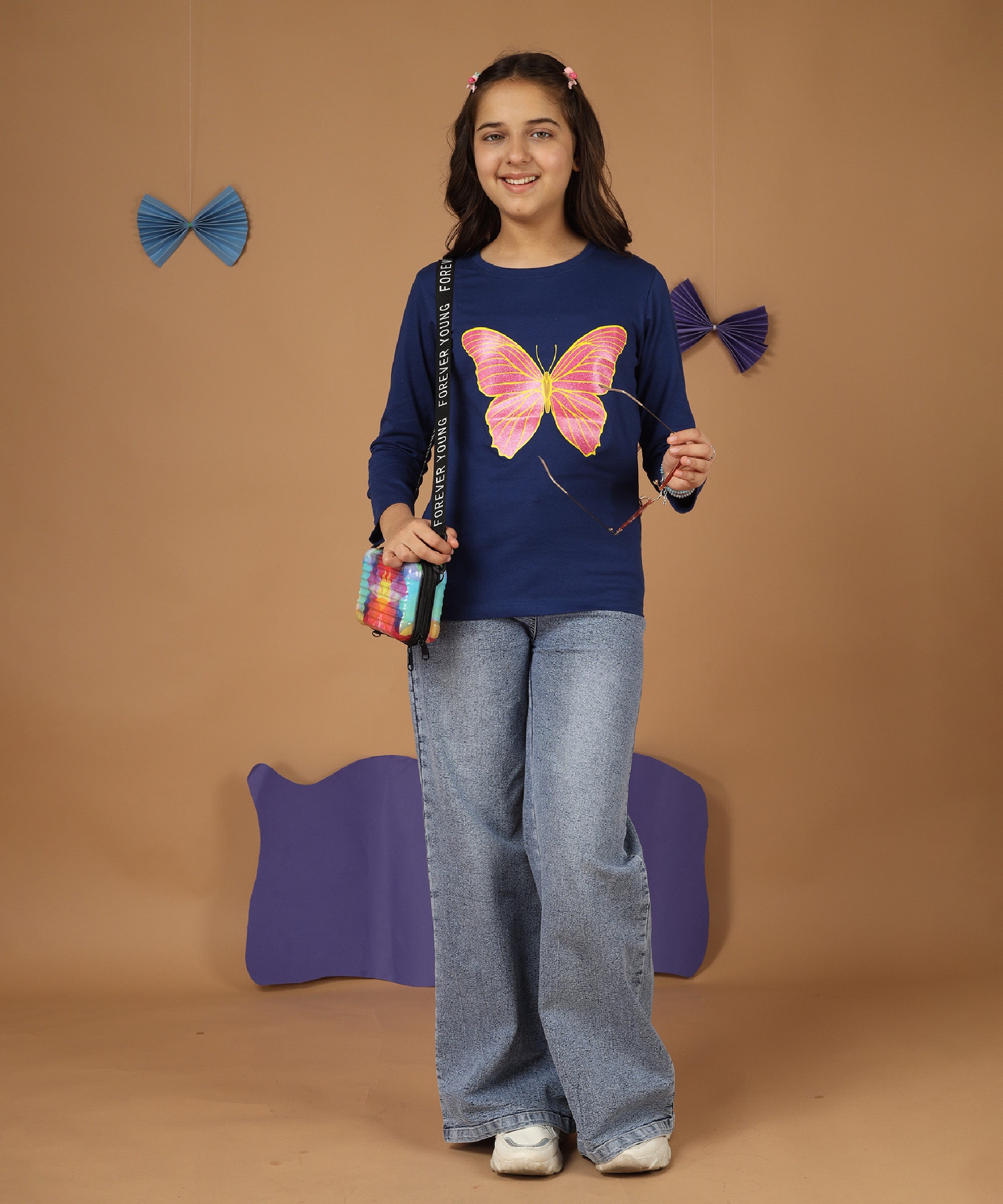 Girls Printed Full Sleeve Premium T-shirt | Navy
