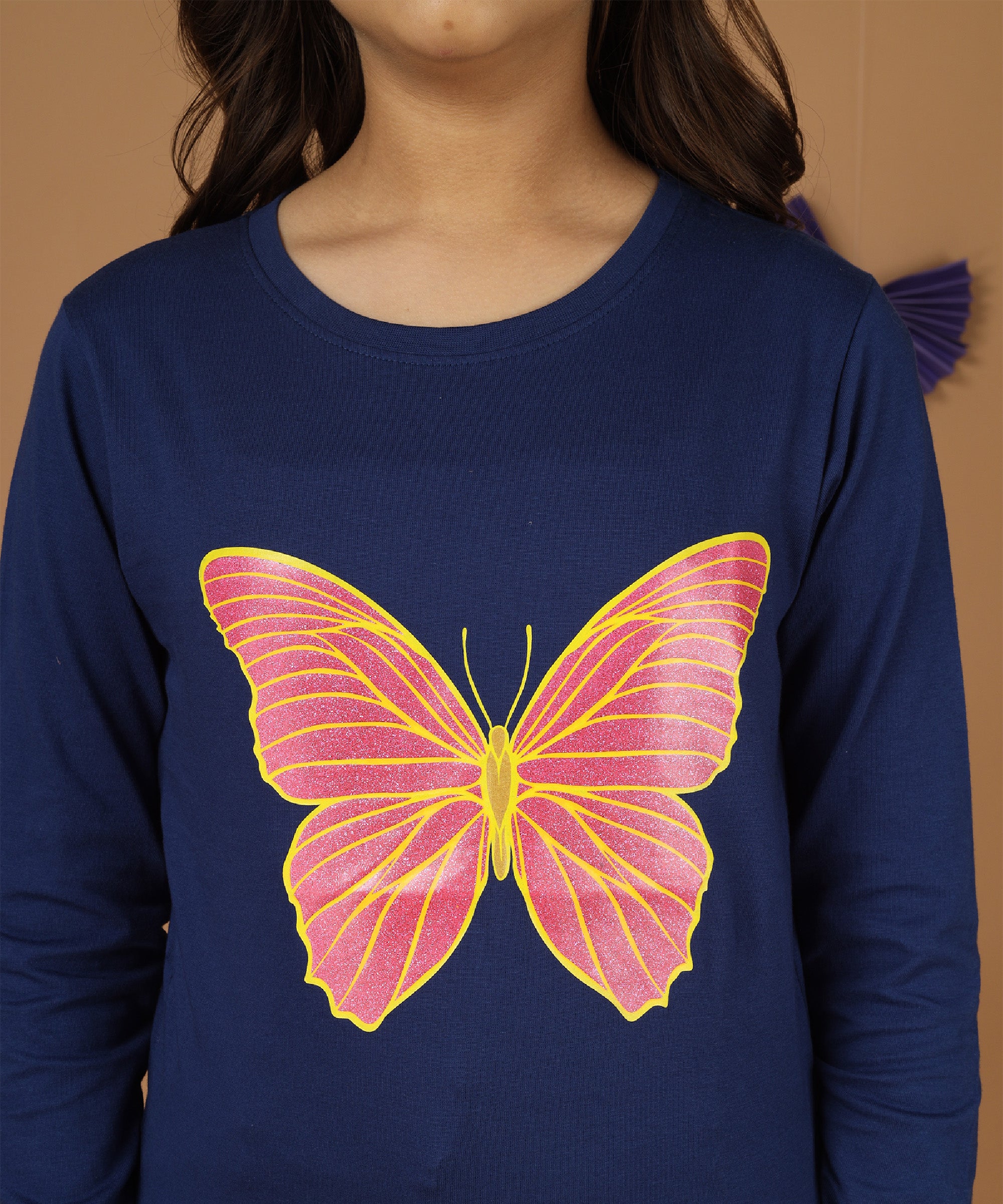Girls Printed Full Sleeve Premium T-shirt | Navy