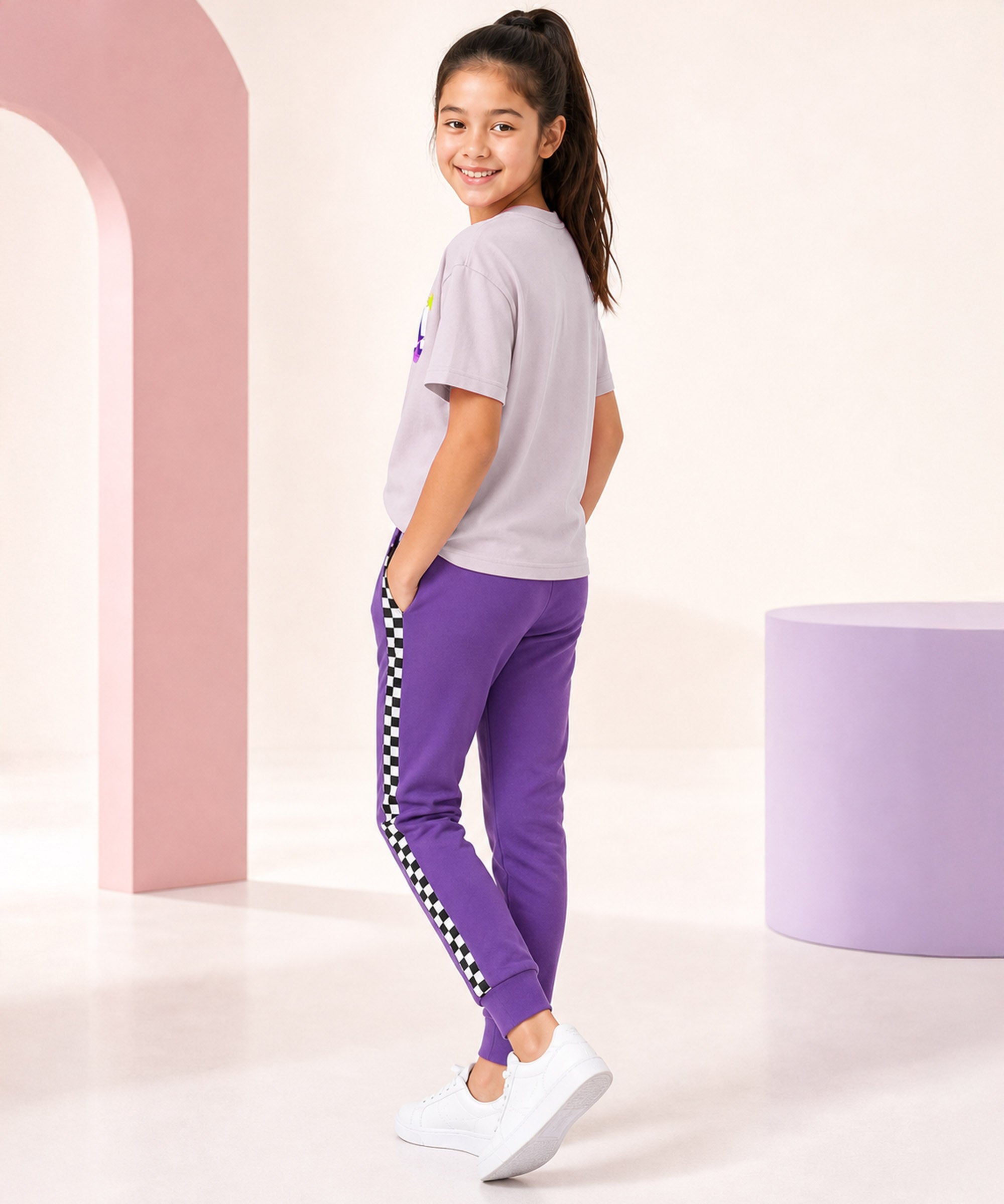 Girls Premium Cotton Light Pink Graphic T-Shirt & Purple Side Stripe Pants Set | Regular Fit