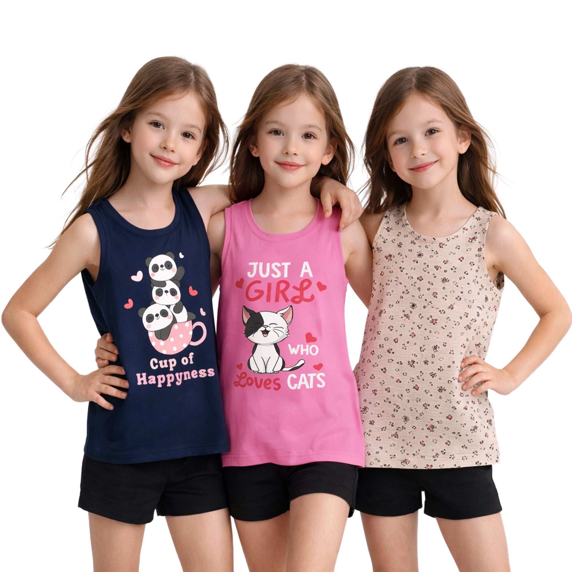 Girls Premium Cotton Printed Sleeveless T-Shirt | Round Neck | Pack of 3