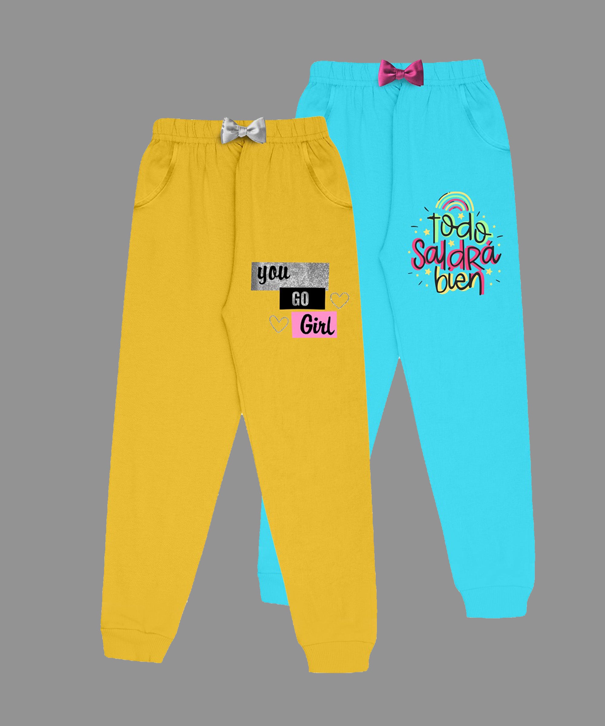 Girls Cotton Printed Track Pants with Pocket C4 - Multicolor (Pack of 2)