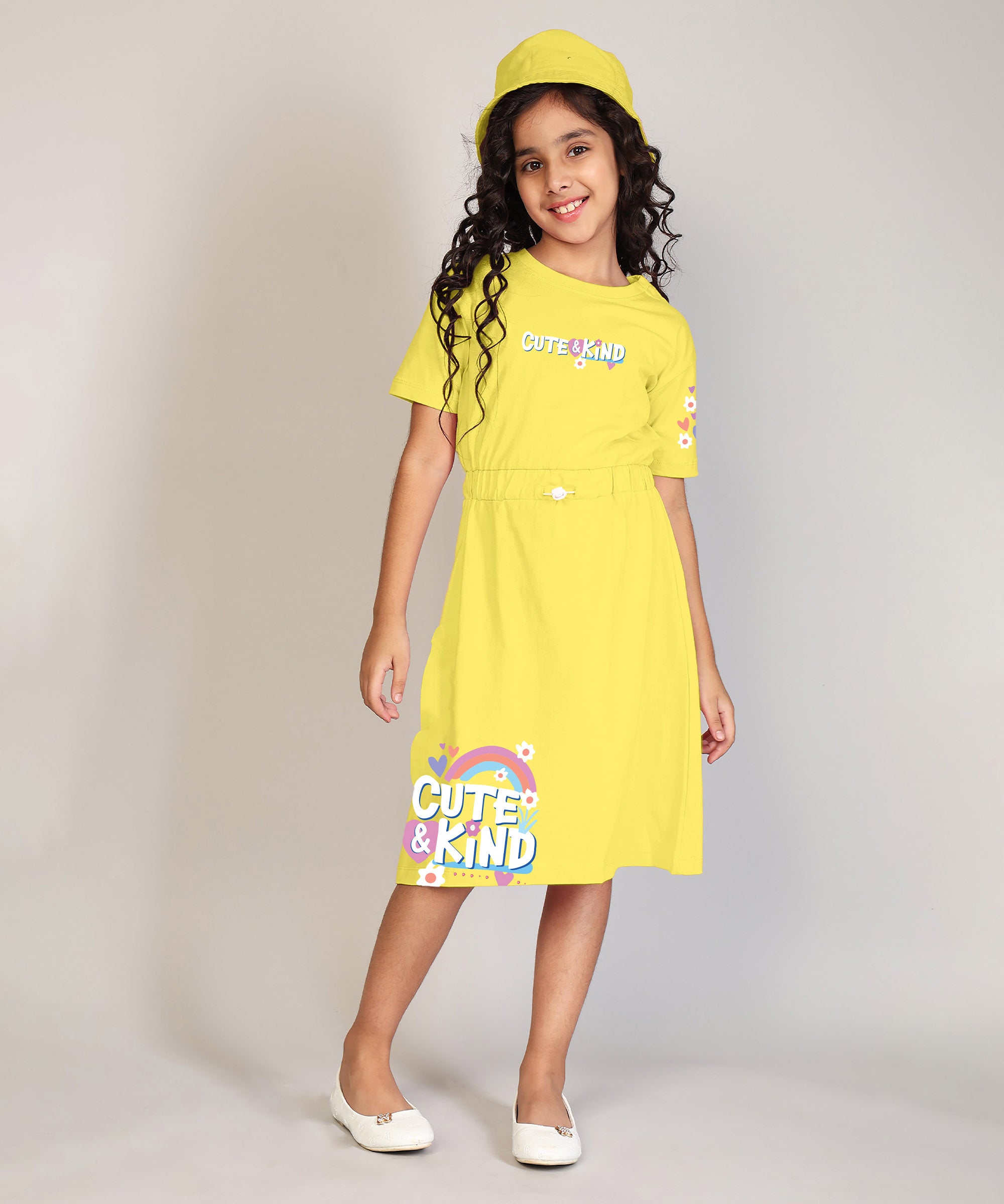 100% Pure Cotton Printed Round Neck Regular fit Short Sleeve Long Top for Girls-Light Yellow