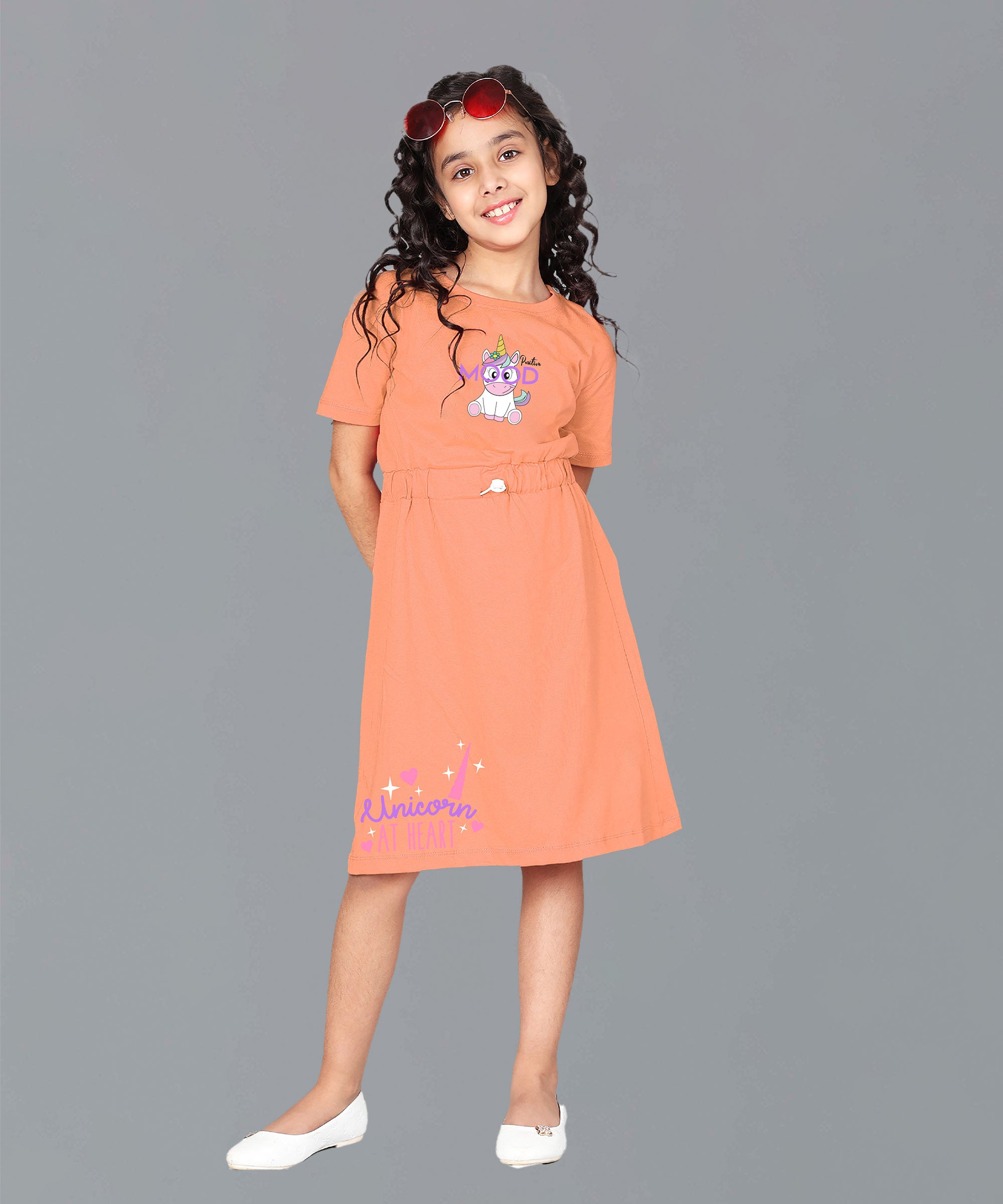 100% Pure Cotton Printed Round Neck Regular fit Short Sleeve Long Top for Girls-Light Orange