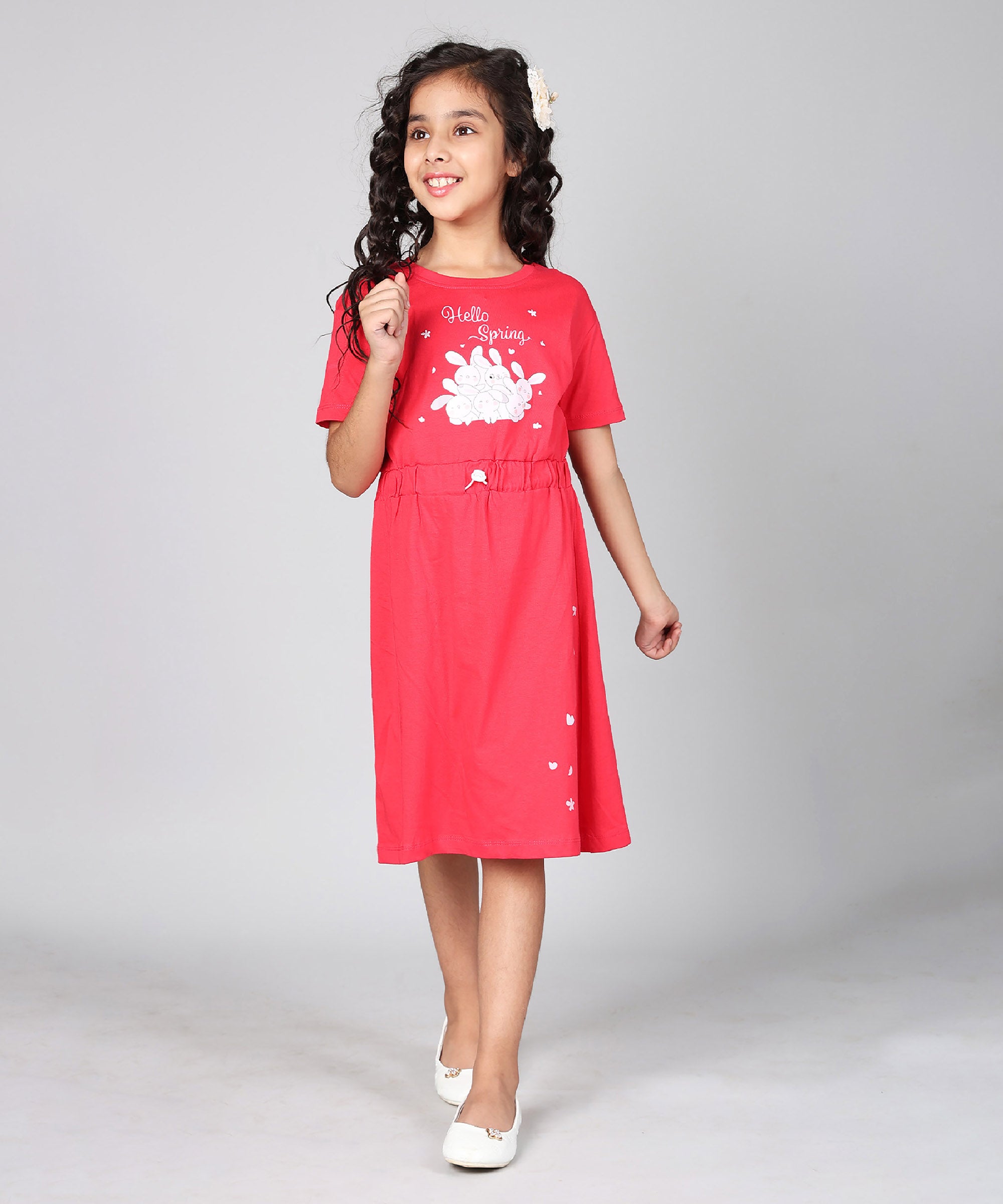 100% Pure Cotton Printed Round Neck Regular fit Short Sleeve Long Top for Girls-Red