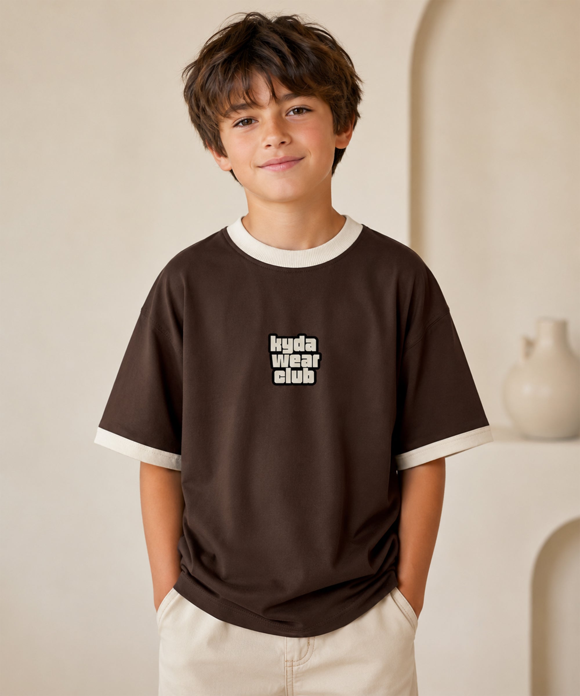 Boys Premium Cotton Oversized Printed T-Shirt | Brown