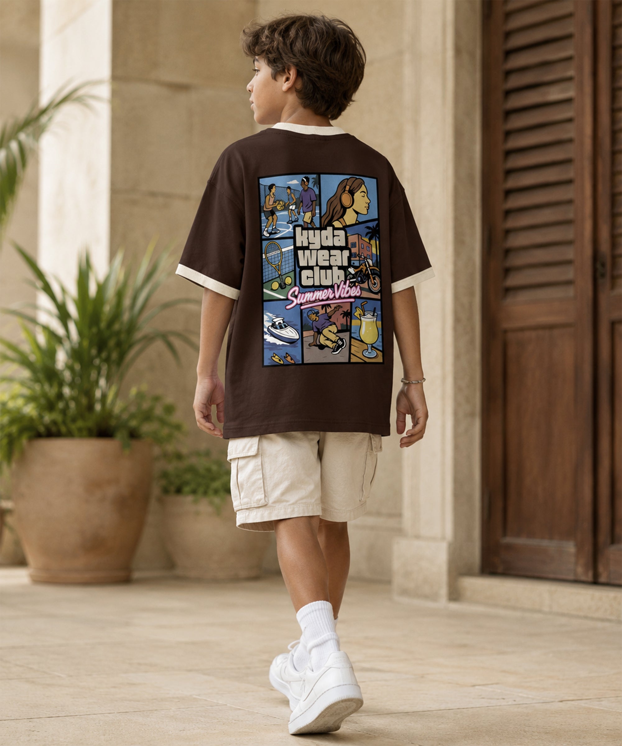 Boys Premium Cotton Oversized Printed T-Shirt | Brown
