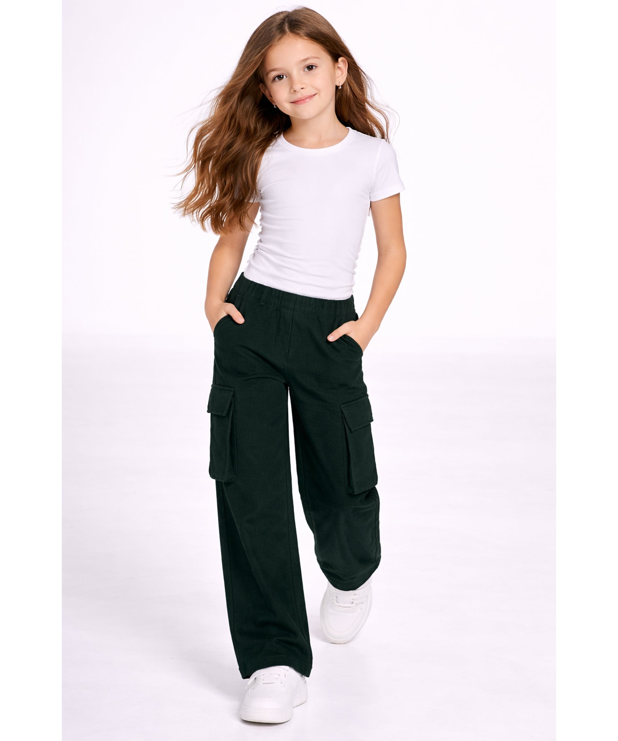 Girls Cotton Elastic Waist Multi-Pocket Cargo Pants | Korean Style Wide Leg